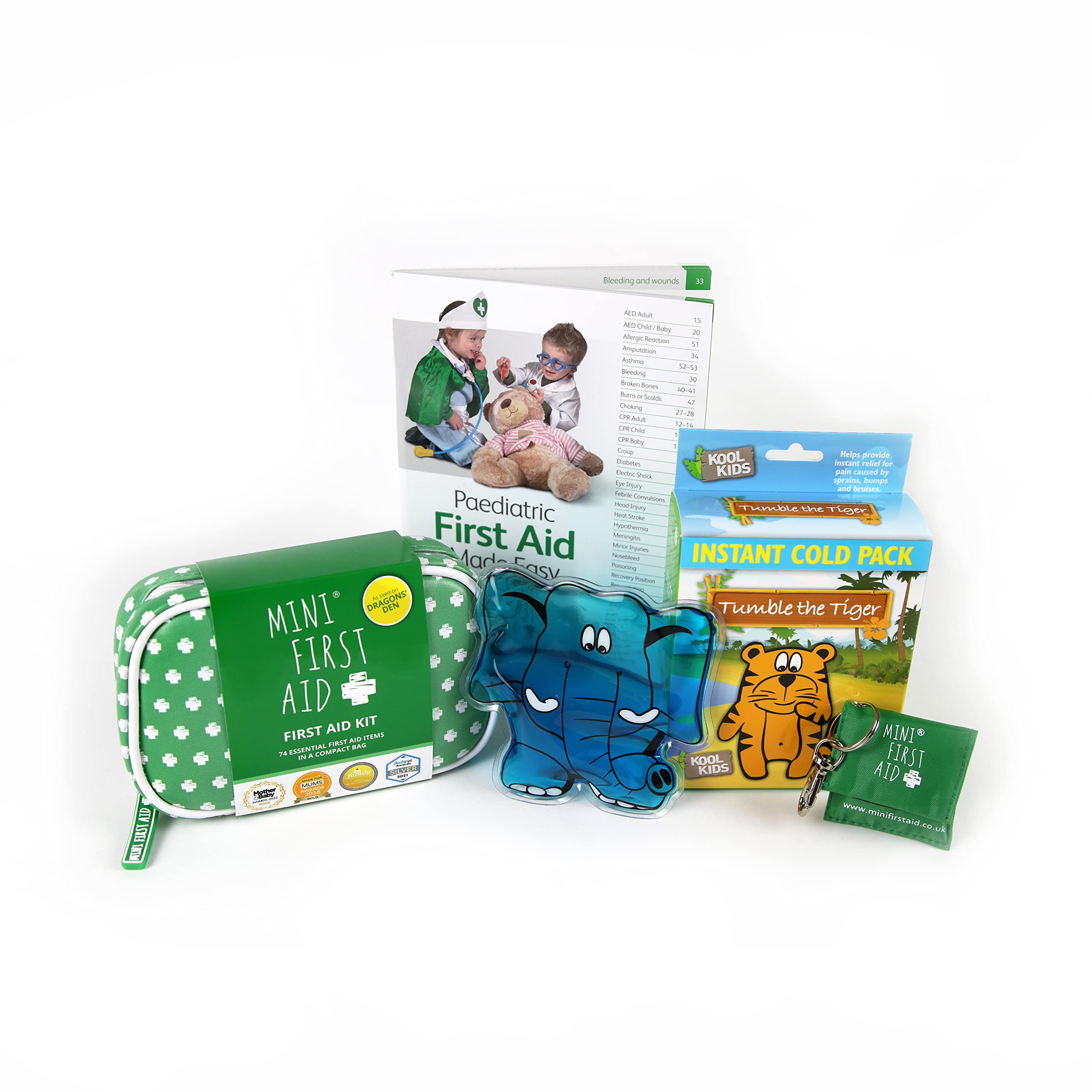 Mini First Aid Super Safety Bundle – Mini First Aid Kit (90 Items) - Hot & Cold Gel Pack, CPR Mask Keyring, Instant Cold Pack 2, & Paediatric First Aid Made Easy Book