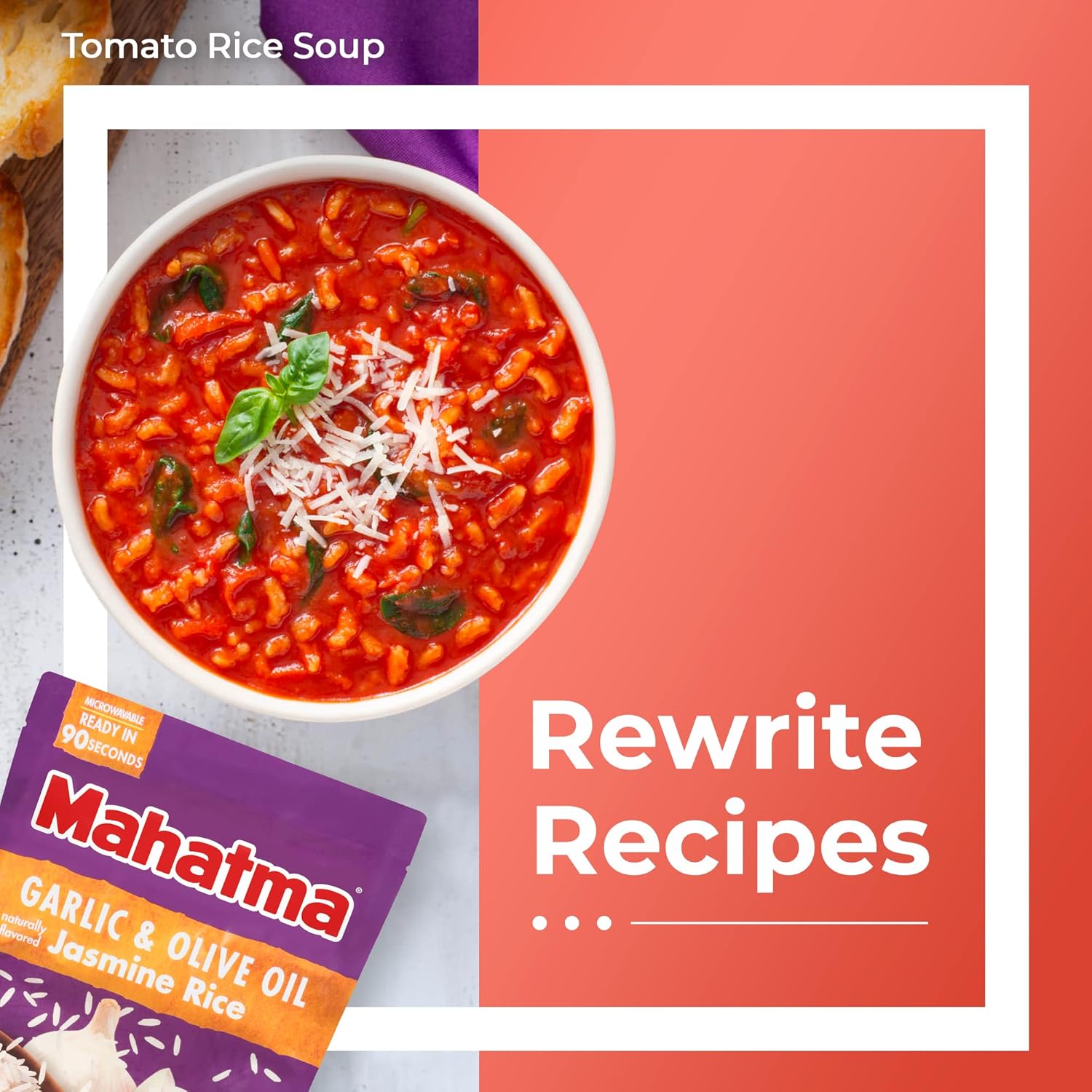 Mahatma Ready to Heat Garlic & Olive Oil–Flavored Jasmine Rice, Precooked Rice, Microwaveable in 90 Seconds, Six 8.8-Ounce Bags