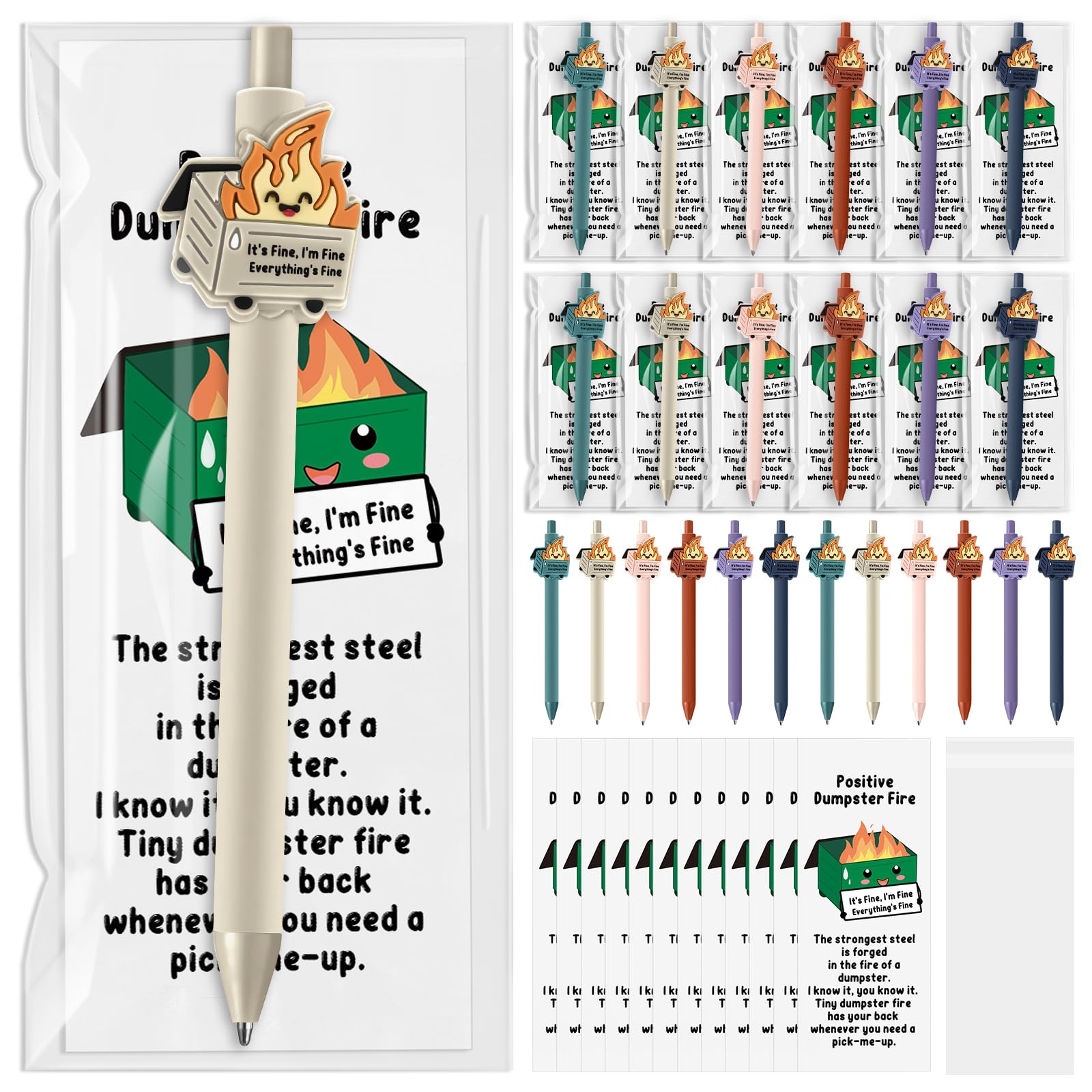 Sayglossy 60 Sets Dumpster Fire Gifts Valentine Office Gift Funny Dumpster Fire Ballpoint Pens and Emotional Support Bookmarks Bulk for Coworker Staff