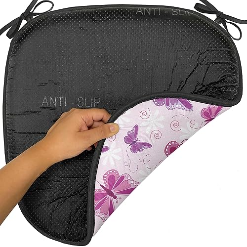 Miniatura 6 de Ambesonne Juego de 2 cojines de asiento para silla morados, mariposas abstractas sobre fondo floral, ilustración romántica femenina, acolchado de