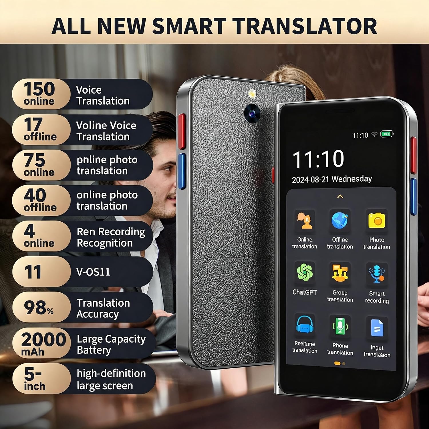 Language Translator Device No Wifi Needed, High-end Upgraded Ai Translator, Offline Real-Time Voice Spainish Translation, Support 150 Languages, Recording&Photo Premium Translation Device for Business