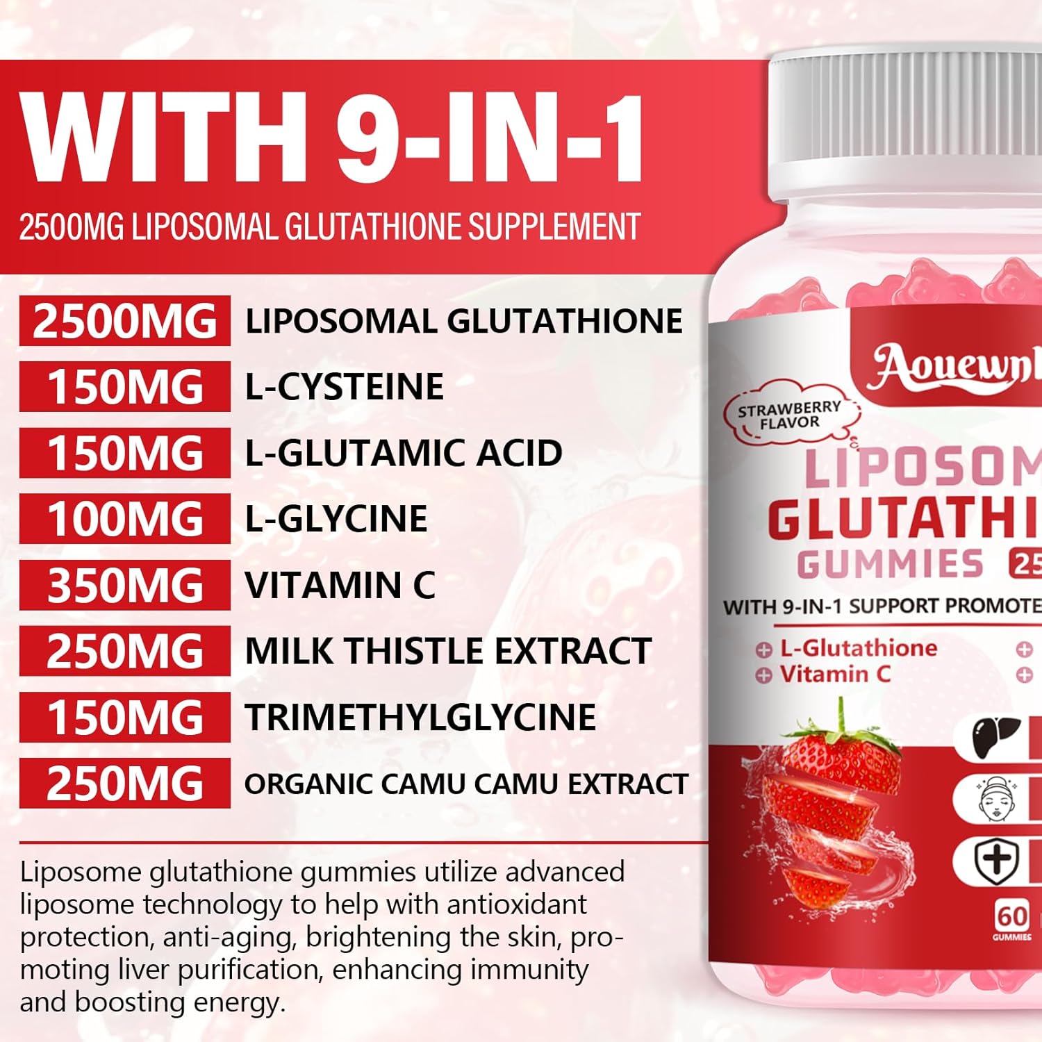 2 Packs 2500MG Liposomal Glutathione Gummies Supplement - Support Skin & Liver Function, 98% Bioavailability, with L-Glutathione & Milk Thistle to Support Antioxidant & Enhance Immunity