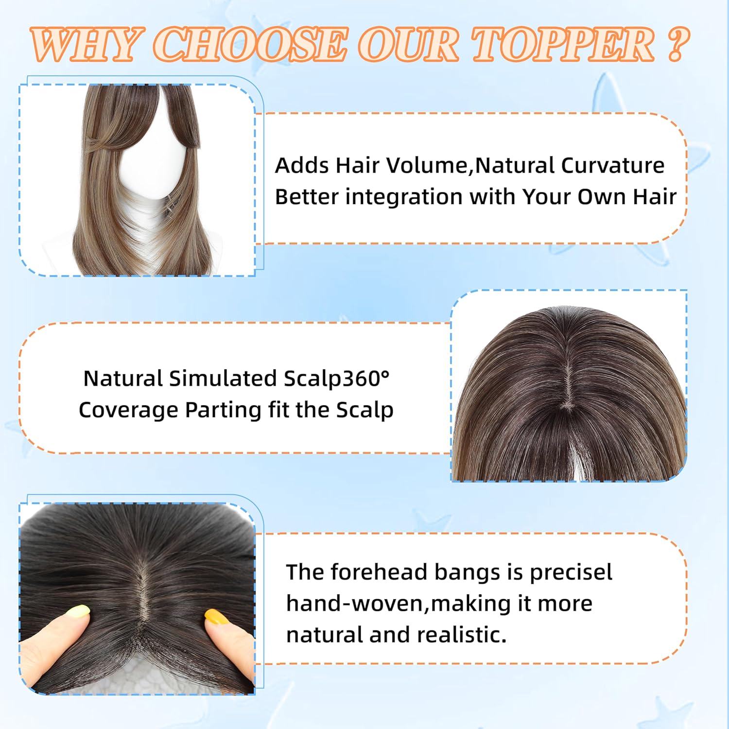 Synthetic Hair Topper with Bangs 18 Inch Layered Toppers for Women with Thinning Hair 5.5" x 5" hand Tied Forehead Hairline 360° 3D Cover Wispy Synthetic Toppers Hair for Women Fiber Wiglets