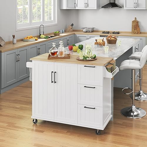 Miniatura 12 de Topeakmart Isla de cocina móvil con encimera plegable, carrito de cocina con armario de almacenamiento y 3 cajones y estante de especias para Negro