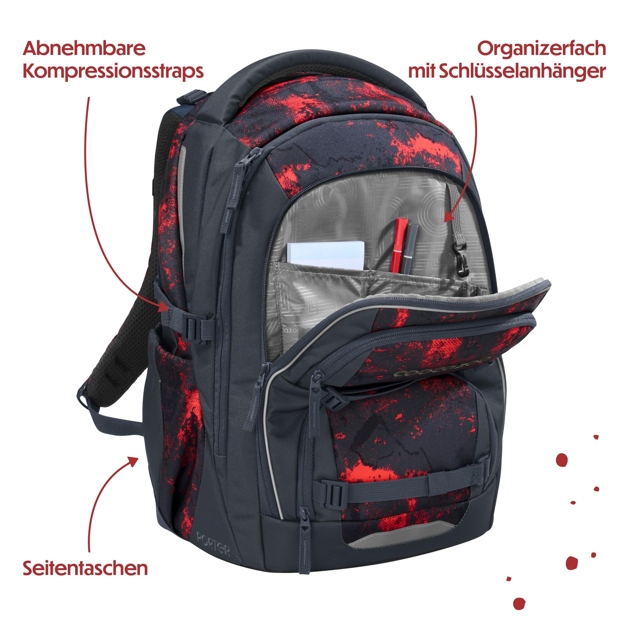 coocazoo Porter Schulrucksack „Broken Black”, schwarz-rot, ergonomischer & anpassbarer Tornister, höhen- & größenverstellbar, mit Brustgurt & Hüftgurt, ab der 3. Klasse