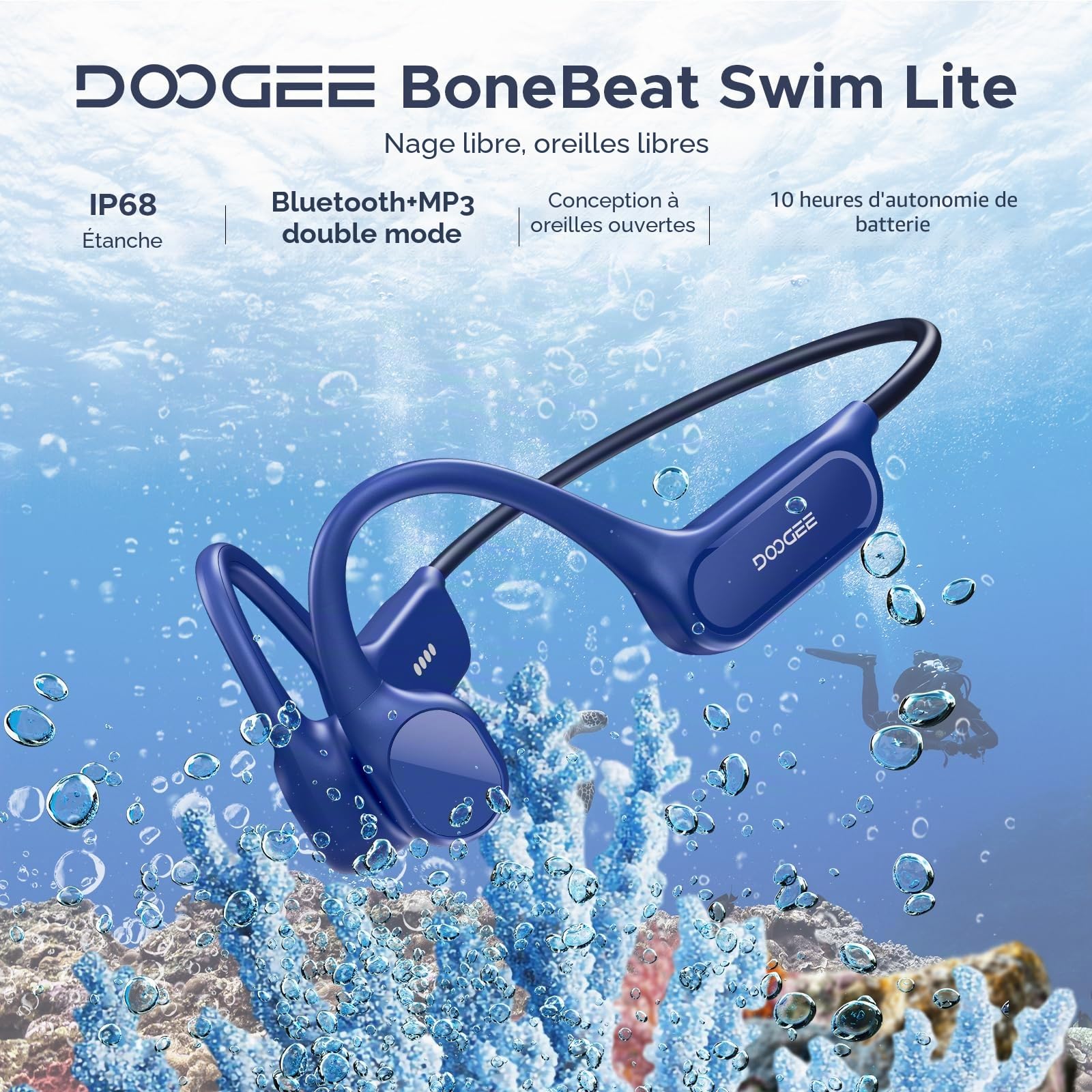 Écouteurs à Conduction Osseuse,Étanches Ip68,Écouteurs de Natation,avec Une Autonomie de10 h,Bluetooth 5.4sans Fil,Ouverts,32Go,Mp3,Double Mode,pour Le Cyclisme,Natation et Remise en Forme,Blue