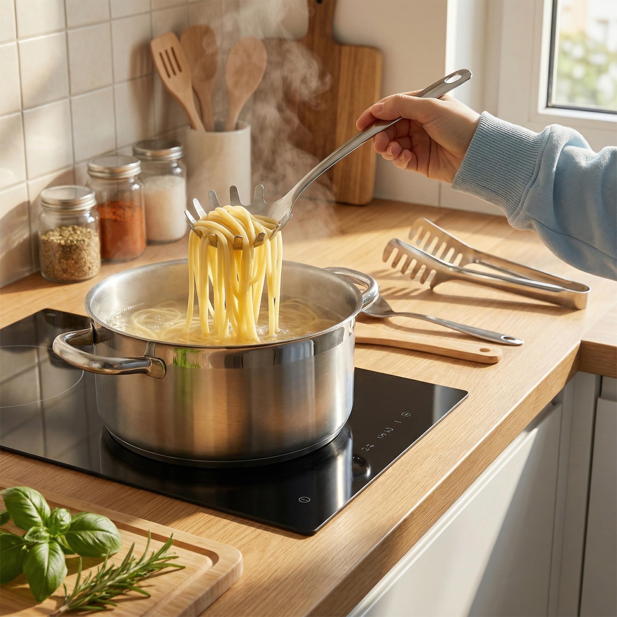 Yootiko Juego de 2 cubiertos para pasta de acero inoxidable, pinzas para pasta y cuchara, utensilios de cocina ergonómicos, inoxidables y duraderos, para pasta, ensaladas y verduras