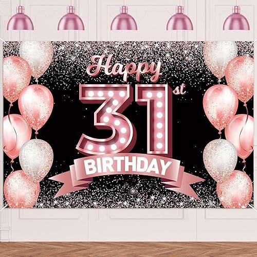Feliz cumpleaños número 31, fondo de pancarta dorado rosa, celebrando los 31 años, decoraciones temáticas de globos de confeti para mujeres de 31