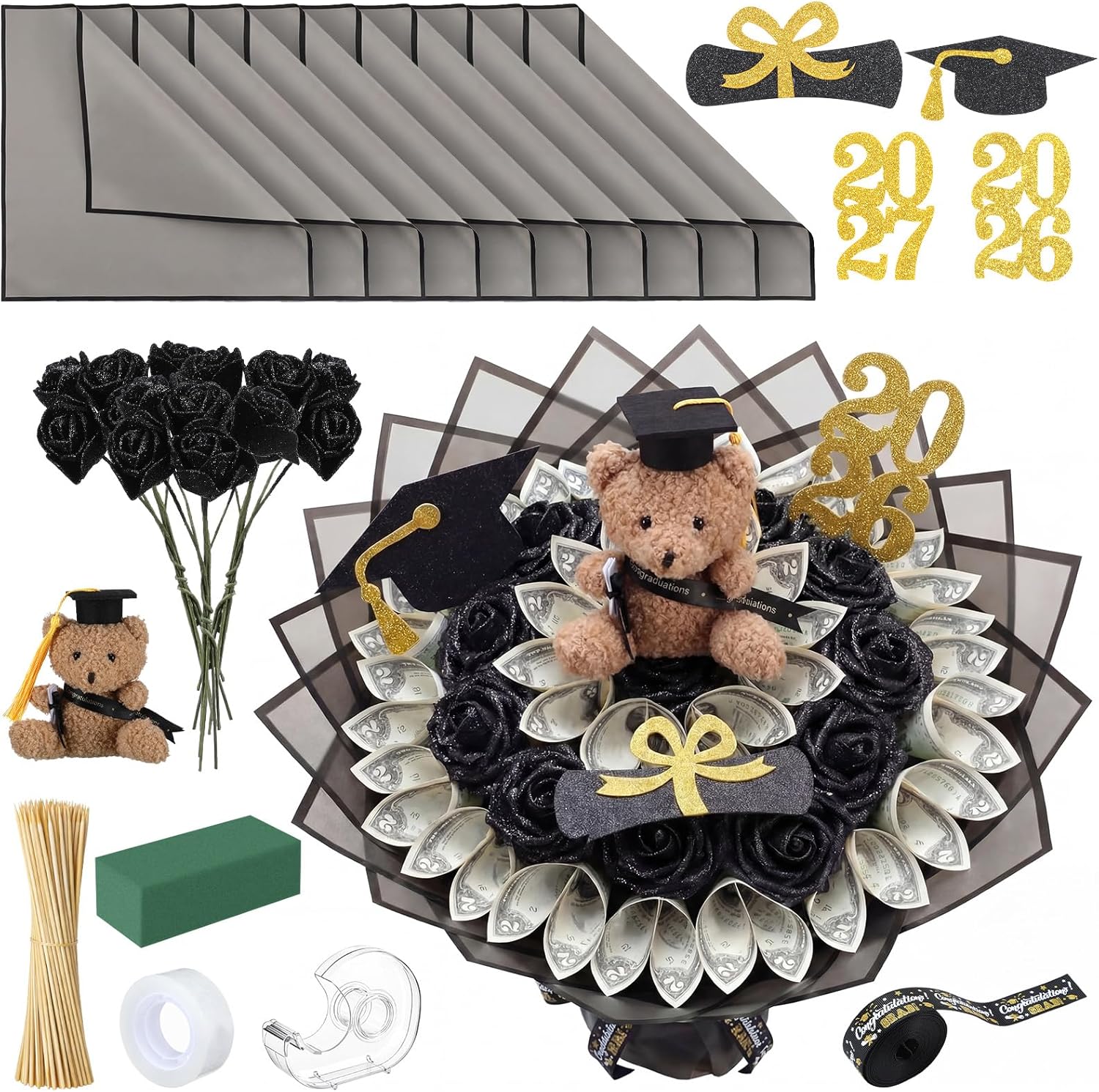 Chunful 143 Pcs Graduation Money Bouquet Kit DIY Flower Bouquet Gifts with Cute Bear Wrapping Paper Graduation Cap Class of 2026 Grad DIY Craft Set for College Middle High School Graduate Party Gift