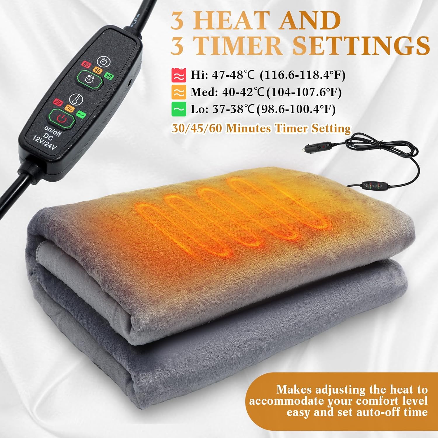 Riakrum 12V Car Heated Blanket 57"x43", Portable Electric Car Blanket with Storage Bag, Auto-Off Heat Control for Truck SUV RV Winter Travel, Camping, Road Trips, Office, Gifts for Valentine, Gray - Image 3