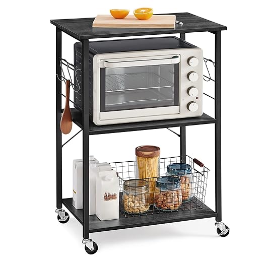 VASAGLE Kitchen Shelf on Wheels, Serving Cart with 3 Shelves, Kitchen Cart, Microwave Shelf, for Mini Oven, Toaster, with 6 Hooks, Industrial Stylee, Ebonized Oak Finish and Black UKKS060B42