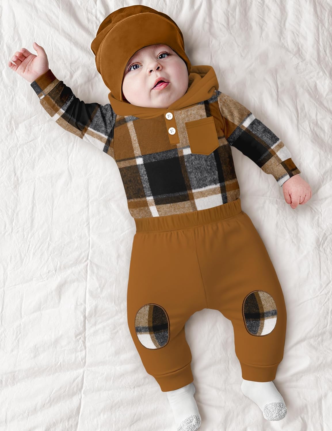 Fommy Baby Boy Clothes Flannel Plaid Outfits Long Sleeve Hoodie Romper Fall Winter 2 Pcs Clothes for Boy - Image 4