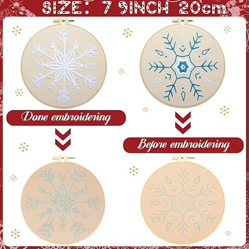 Miniatura 9 de Yuxung Juego de 5 juegos de iniciación de bordado navideño con patrón de copo de nieve, kits de bordado de invierno para principiantes, gama