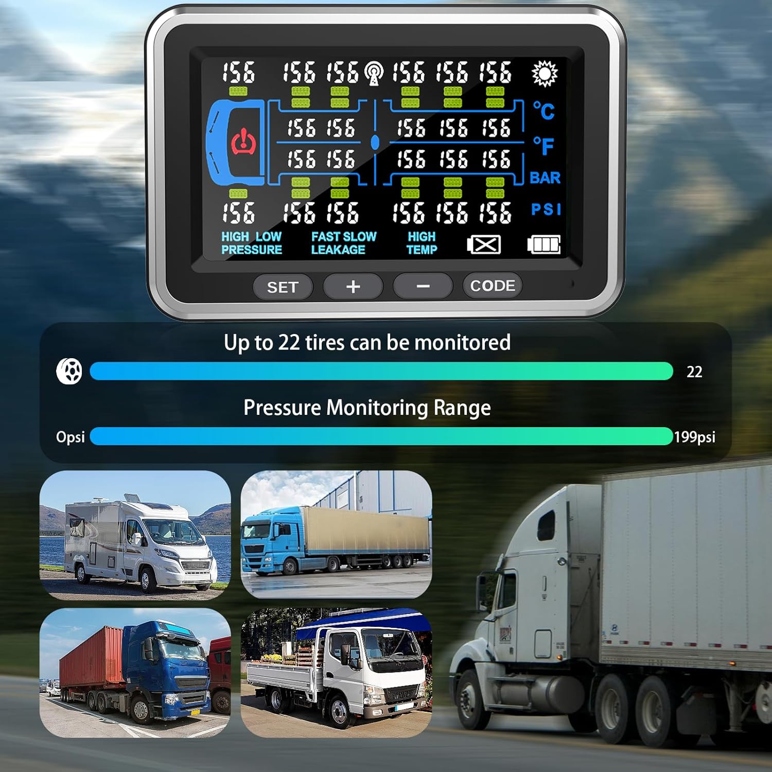 High-Precision Truck tire Pressure Monitoring System (0-199PSI) TP22 Trailer/RV TPMS with 4 Sensors, 4.5-inch Screen Color Display 6 Alert Modes,with Signal Booster tpms for Truck (4 Sensors)