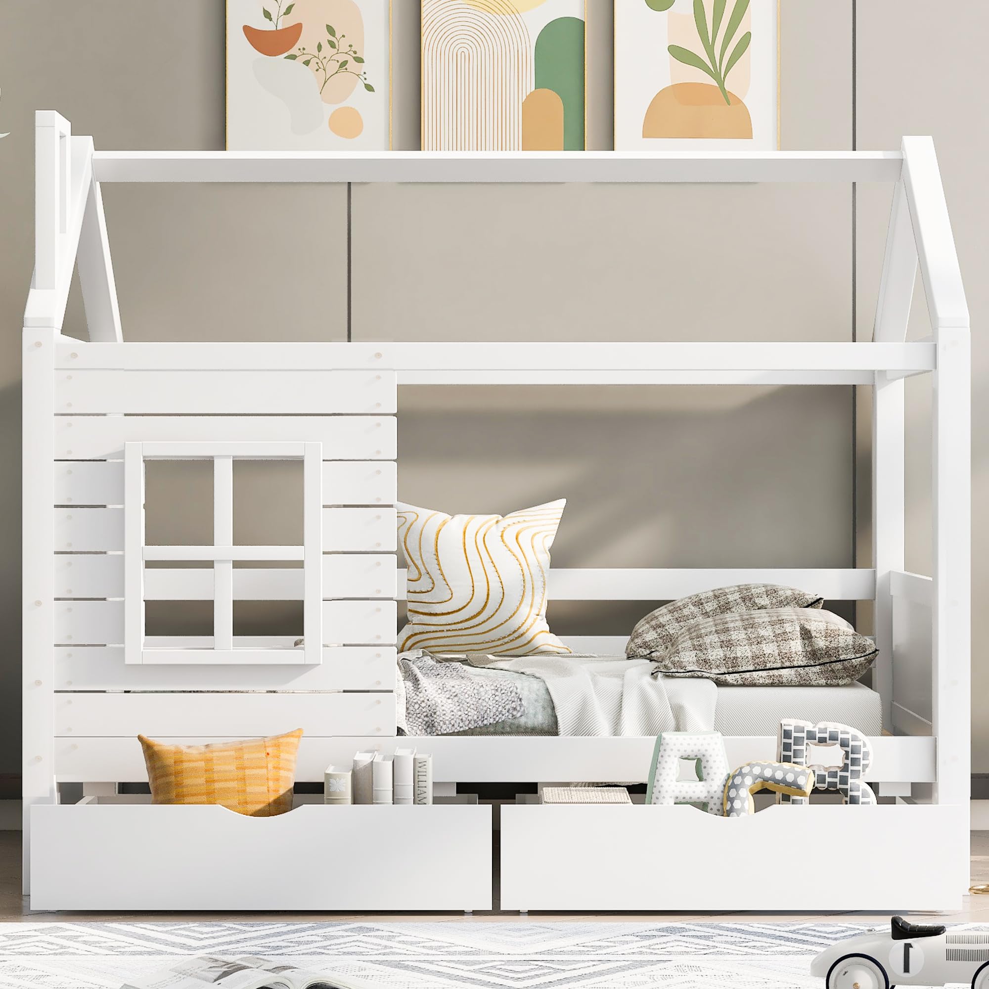 HESHU Kinderbett Hausbett 90x200 cm, Bettgestell mit Fenstern und 2 Schubladen, Kinderbett mit Dach, Massivholz Bett mit Rausfallschutz und Lattenrost, ohne Matratze, Weiß