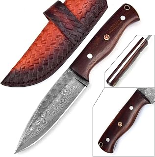 Father's Day Best Gift Damascus Steel Skinner Knife Fixed blade Rain Drop Blade Walnut Wood Handle Bush craft, Outdoor Camping, with Cowhide Leather Sheath – BW-4170 - 