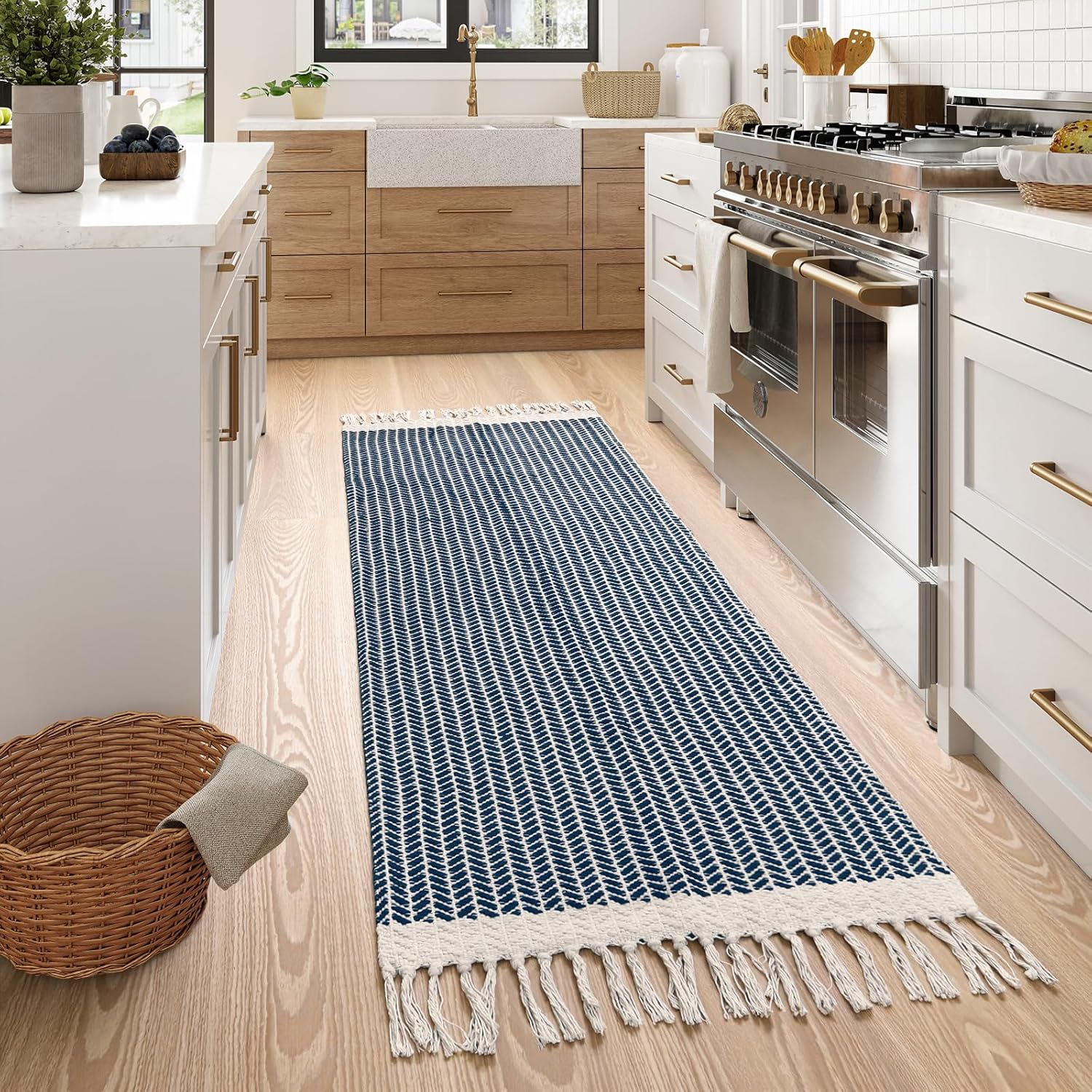 Lahome Belle Boho Kitchen Runner, 2x6 Laundry Room Rug Lightweight Runners for Hallways Washable Runner Rug with Tassels, Farmhouse Cotton Blue Throw Rugs Non Shedding Carpet for Entryway Bathroom
