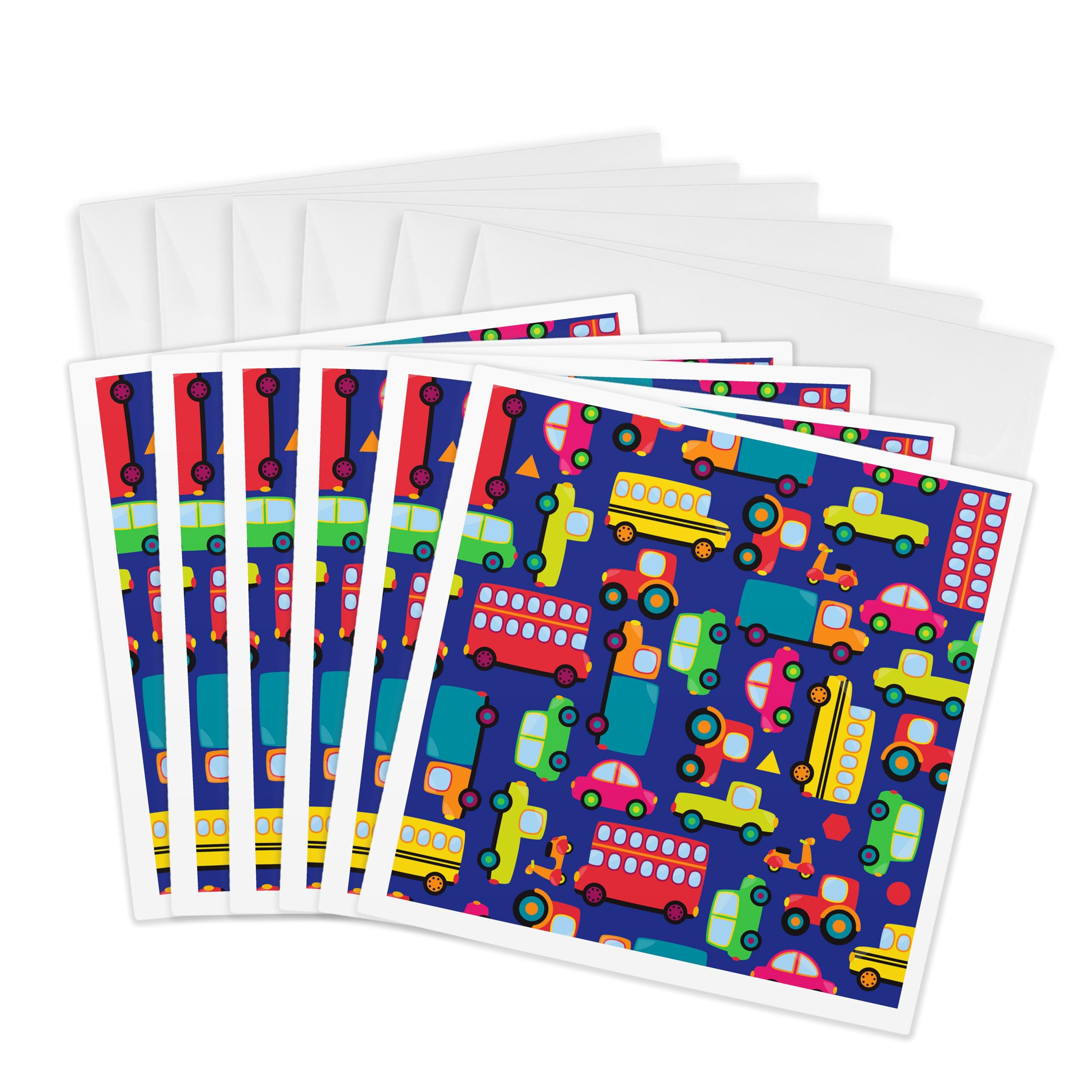 3dRose gc_222348_1 6 x 6-Inch "Colorful Buses, Scooters, Cars, and Trucks Pattern" Greeting Card (Pack of 6)