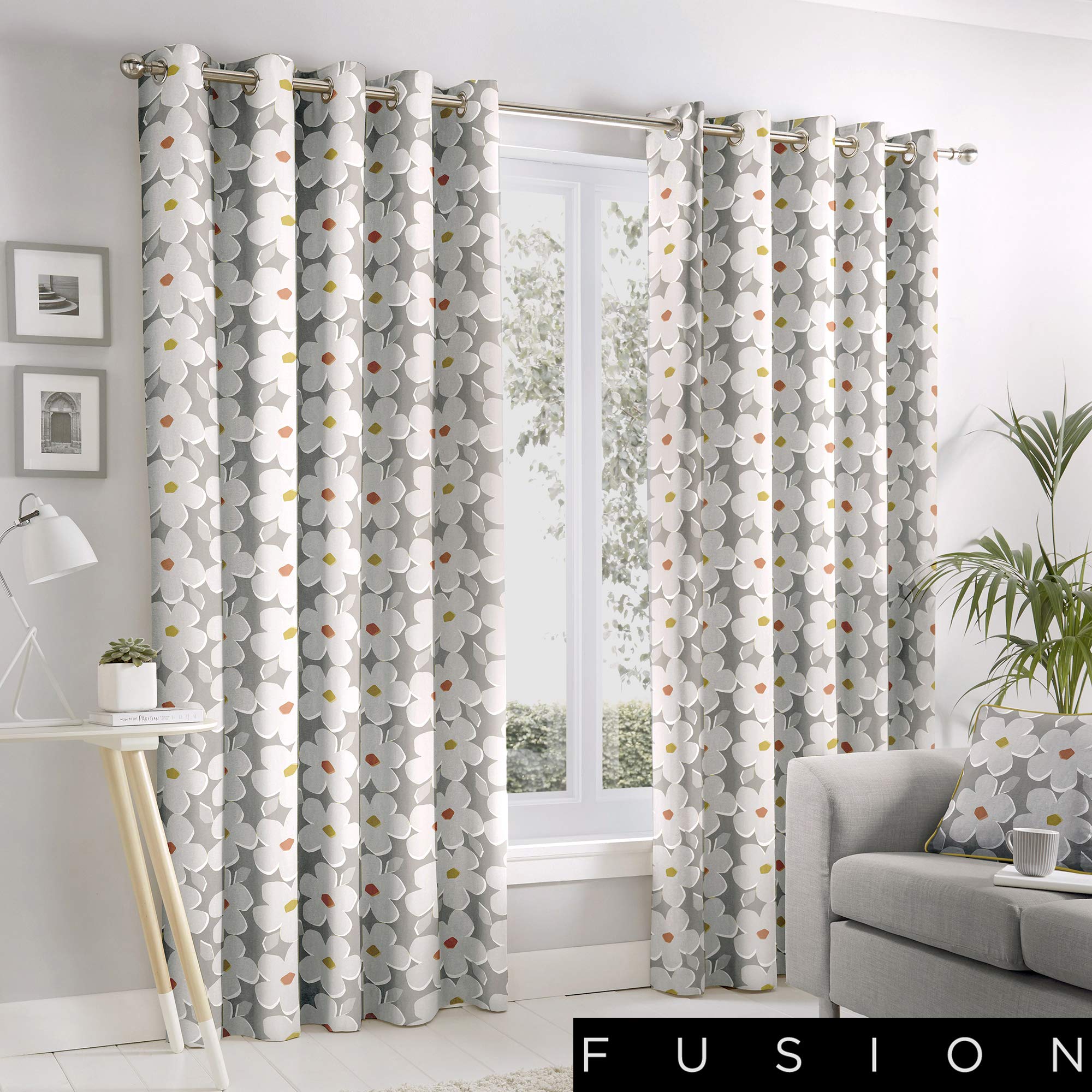 Fusion - Aura - 100% Cotton Pair of Eyelet Curtains - 66" Width x 90" Drop (168 x 229cm) in Grey