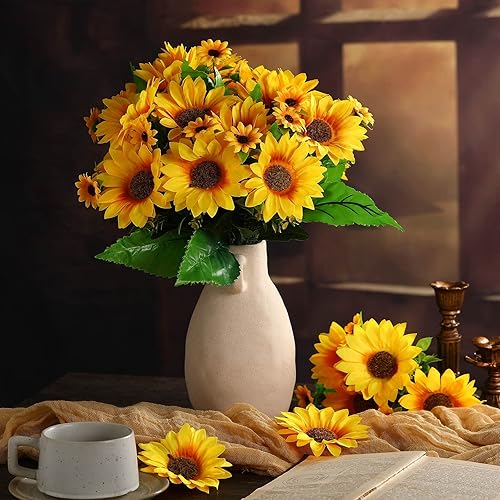 Miniatura 10 de Paquetes artificiales de girasol con tallos, ramo de plantas falsas, resistentes a los rayos UV, vegetación de plástico sintético para exteriores,