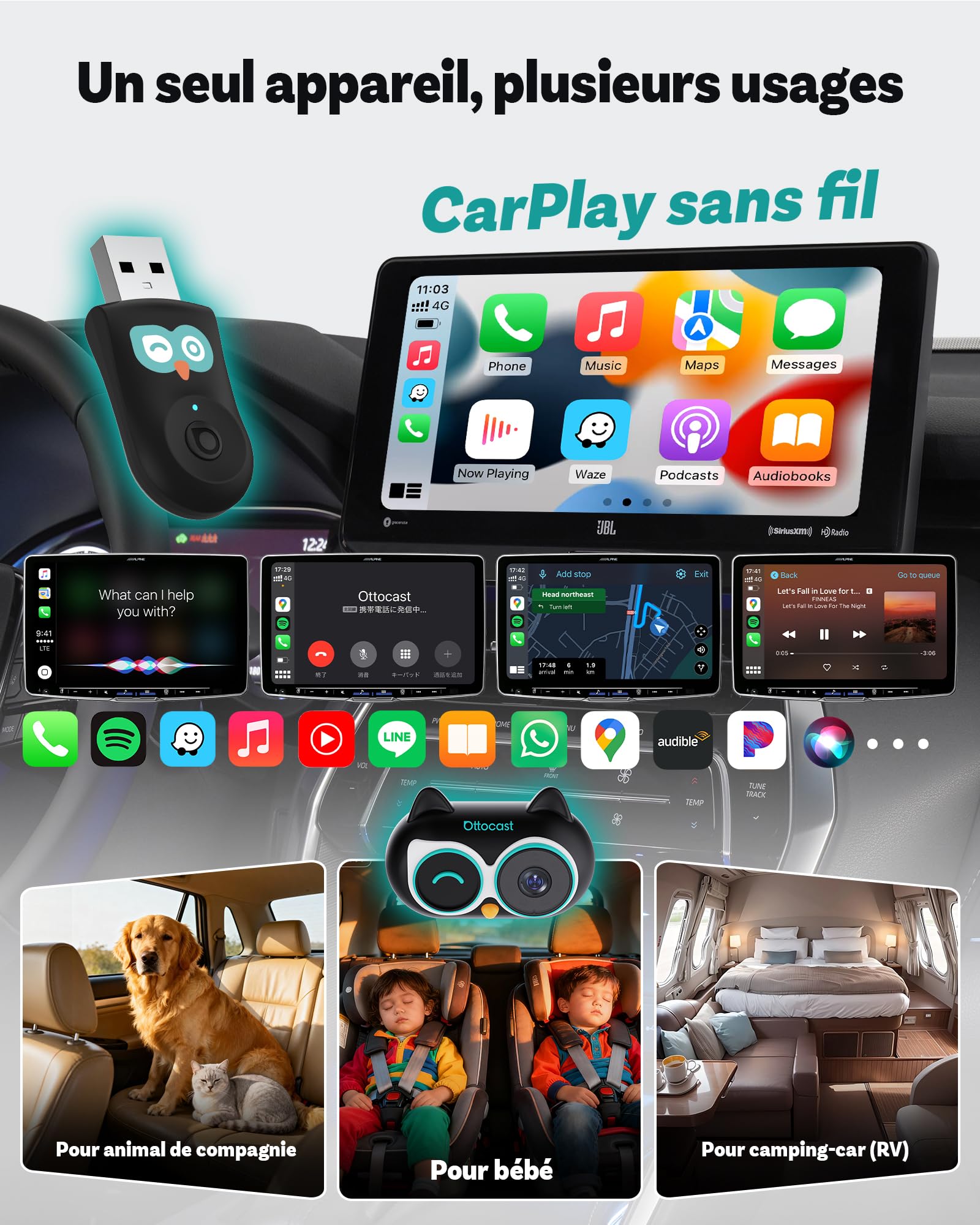 OTTOCAST Cabin Care 2026 Adaptateur CarPlay sans Fil 2-en-1 avec Caméra 1080P pour Bébé/Enfants/Animaux, 150° Grand Angle, Vision Nocturne IR, Compatible Voitures CarPlay Câblé 2016+