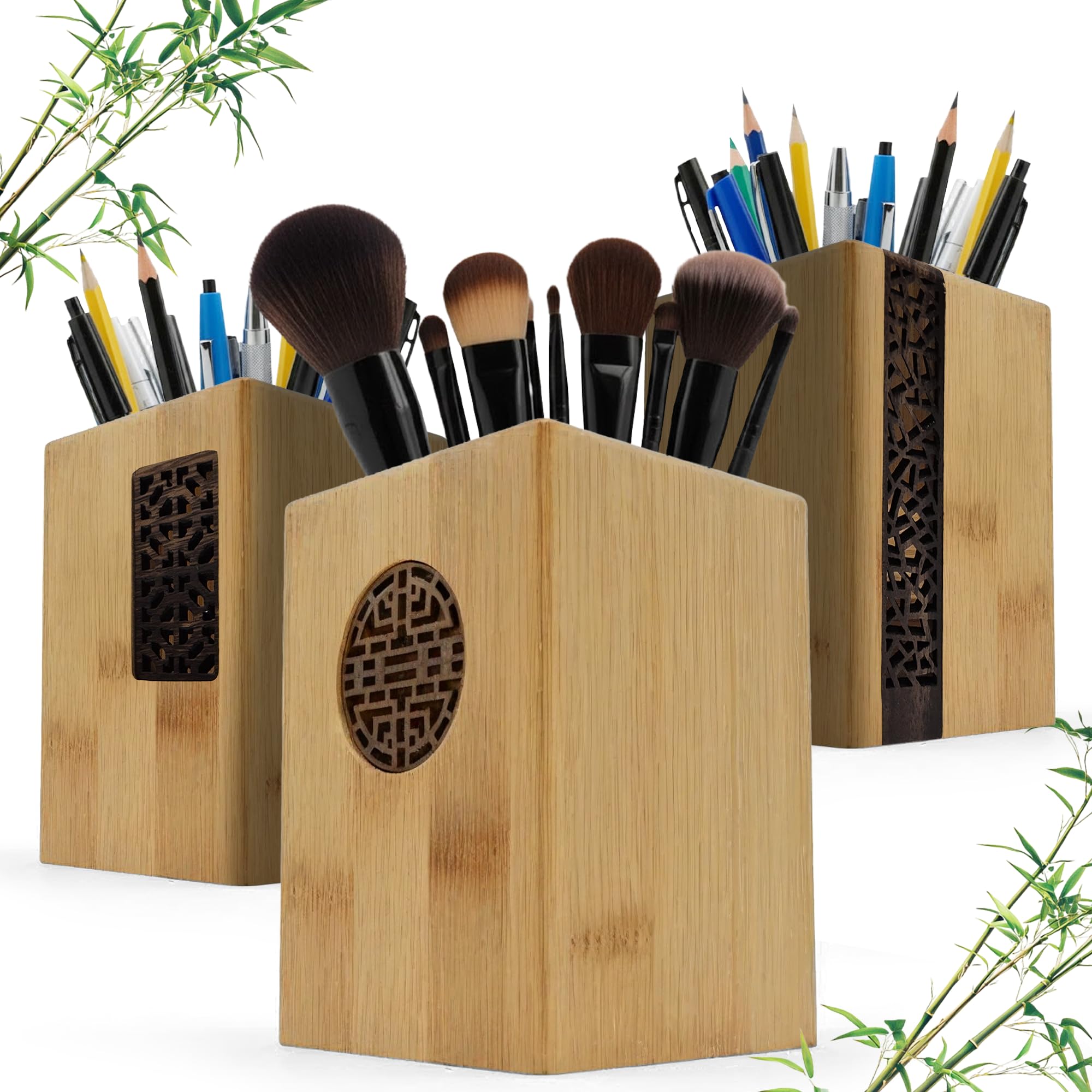 Lot de 3 pots à crayons en bambou - Pot à crayons et porte-pinceaux avec insert décoratif en bois - Organisateur pour bureau, maquillage et cosmétiques (lot de 3)