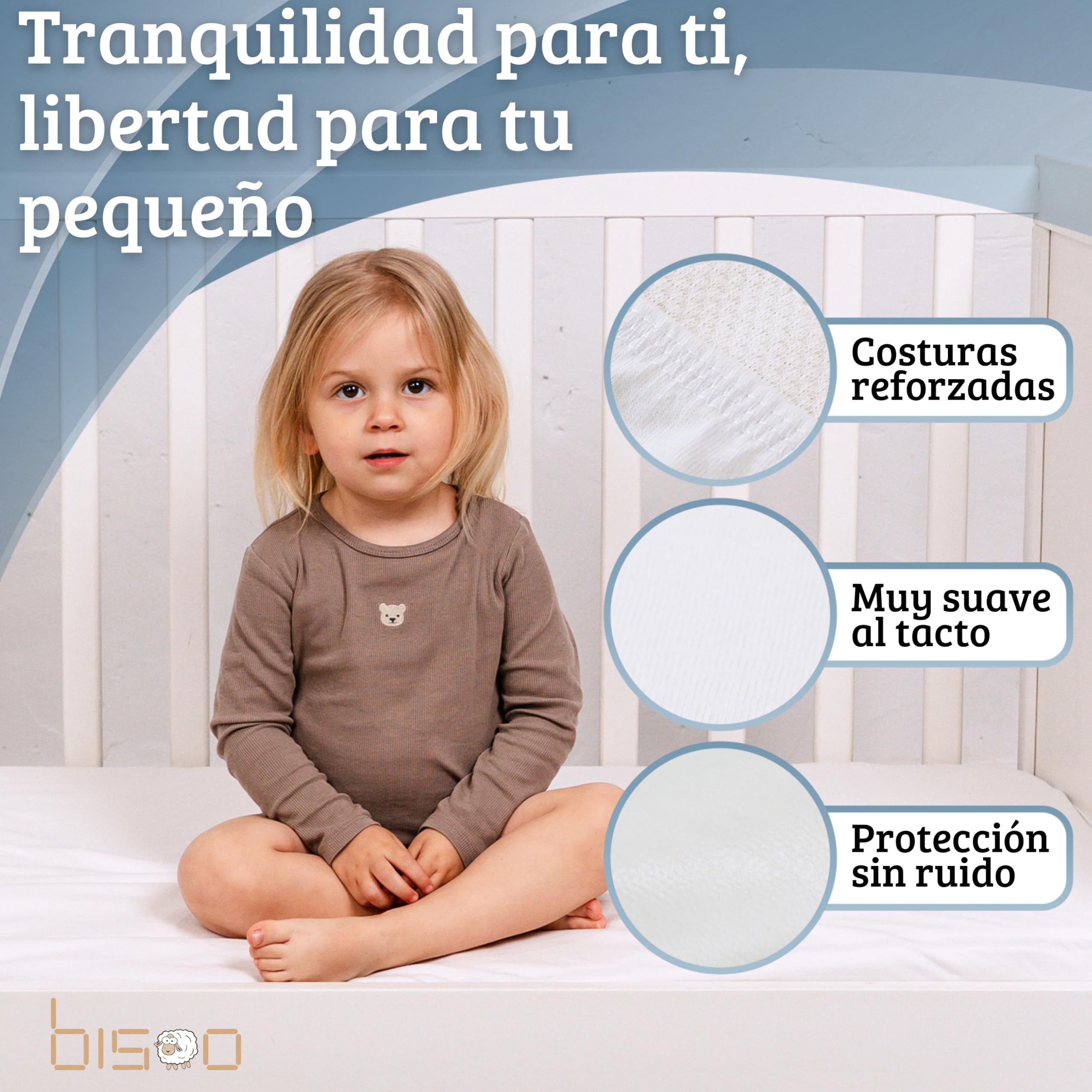 Bisoo Sábana Mágica para Cuna Bebe 60x125. Bajera de algodón Jersey Totalmente Impermeable y Transpirable. Ahórrate Comprar el Protector de Cuna aparte. Bordes generosos, Ajuste fácil (Blanco 125x60)