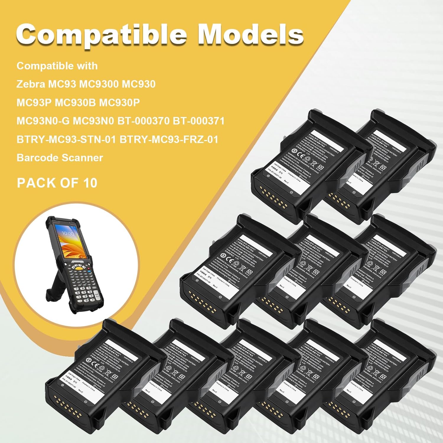 10-Pack for Zebra MC93 Scanner Battery Replacement: For Zebra MC93 MC9300 MC930 MC93P MC930B MC930P MC93N0-G MC93N0 BT-000370 BT-000371 BTRY-MC93-STN-01 Barcode Scanner Rechargeable Battery 6700mAh