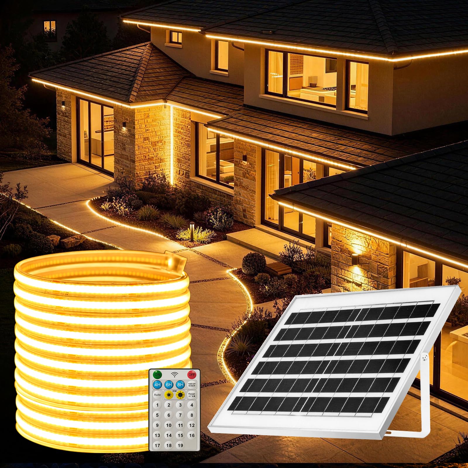 Striscia LED Solare Esterna COB 20m 252LED/M, Bianco Caldo IP65,19 modalità di illuminazione, regolabile, ricarica solare, per patio, giardino, balcone, gazebo, vialetto, grondaia, recinzione