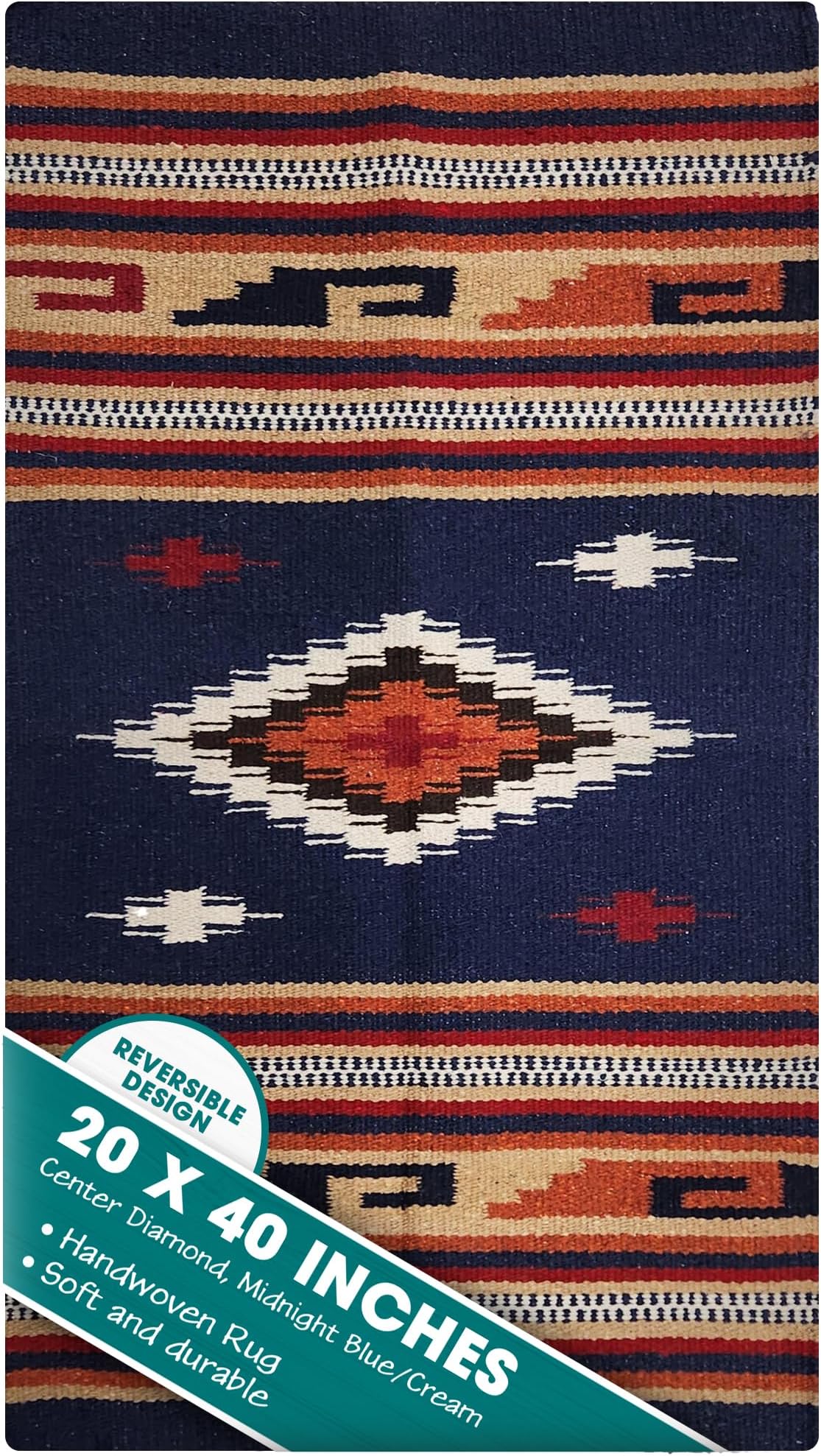 Boho Southwest Area Rug - Washable Bohemian Runner - Western Carpet - Rustic Rugs for Living Room, Outdoor Area, Bedroom, Decor, Kitchen & More (Center Diamond, 20x40 Inches, Blue/Cream)