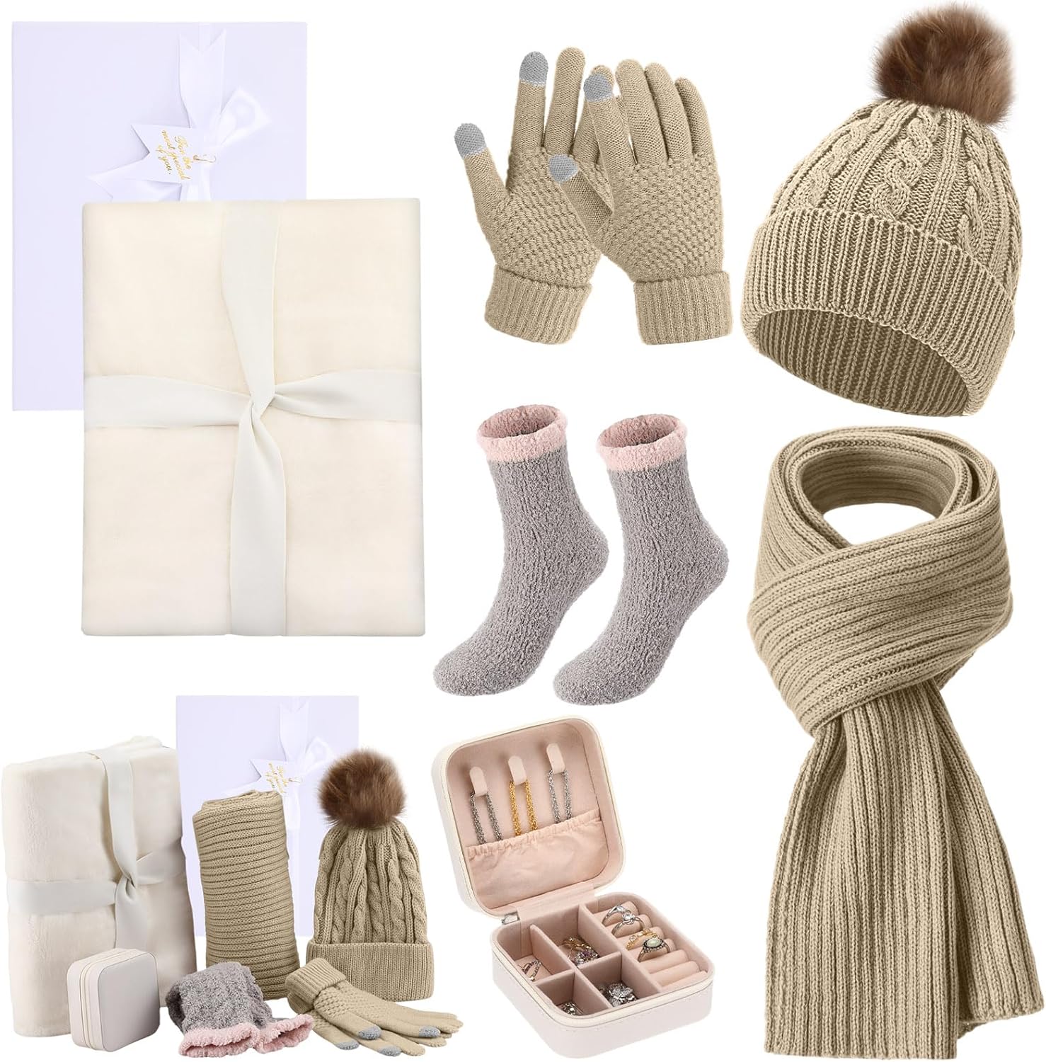 7 Pcs Winter Gift Set for Woman Hat Scarf Gloves Set Throw Blanket Crew Socks Jewelry Box for Xmas Mom Wife Friend