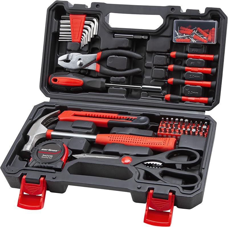 CARTMAN Juego completo de herramientas para el hogar, kit de mano rojo con estuche de almacenamiento | Surtido de herramientas versátil para reparaciones del hogar, proyectos de bricolaje, instalación de muebles, manualidades y arreglos domésticos diarios en una caja de herramientas.