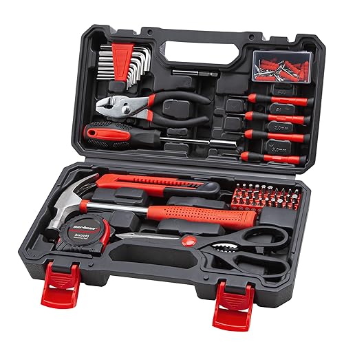 CARTMAN 126-Piece Home Tool Set Kit, Basic Household Hand Tools with Storage Case Red