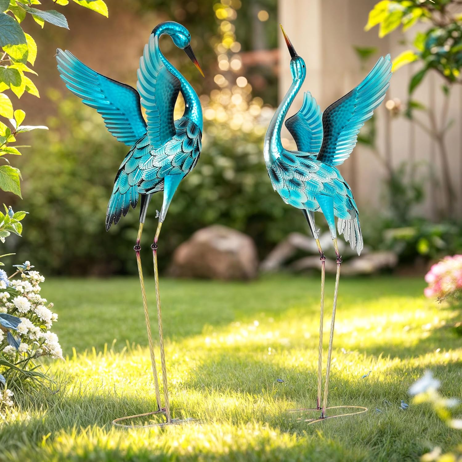 47.5" Extra-Large Blue Heron Decor, Handcrafted Metal Crane Garden Statue with Stable U-Ground Stakes, Backyard Decoration, Metal Garden Bird Animal Yard Art, Lawn Ornament