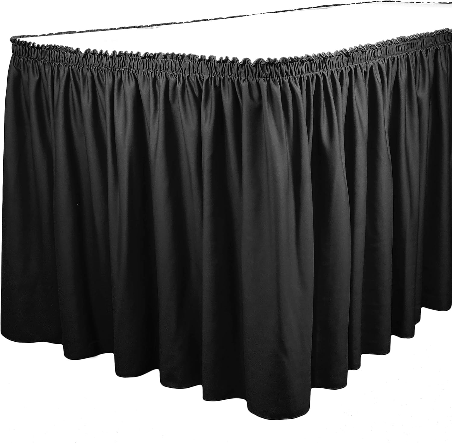 TableLinensforLess Polyester Table Skirt, Table Height (21 Foot Shirred Pleat, Black)
