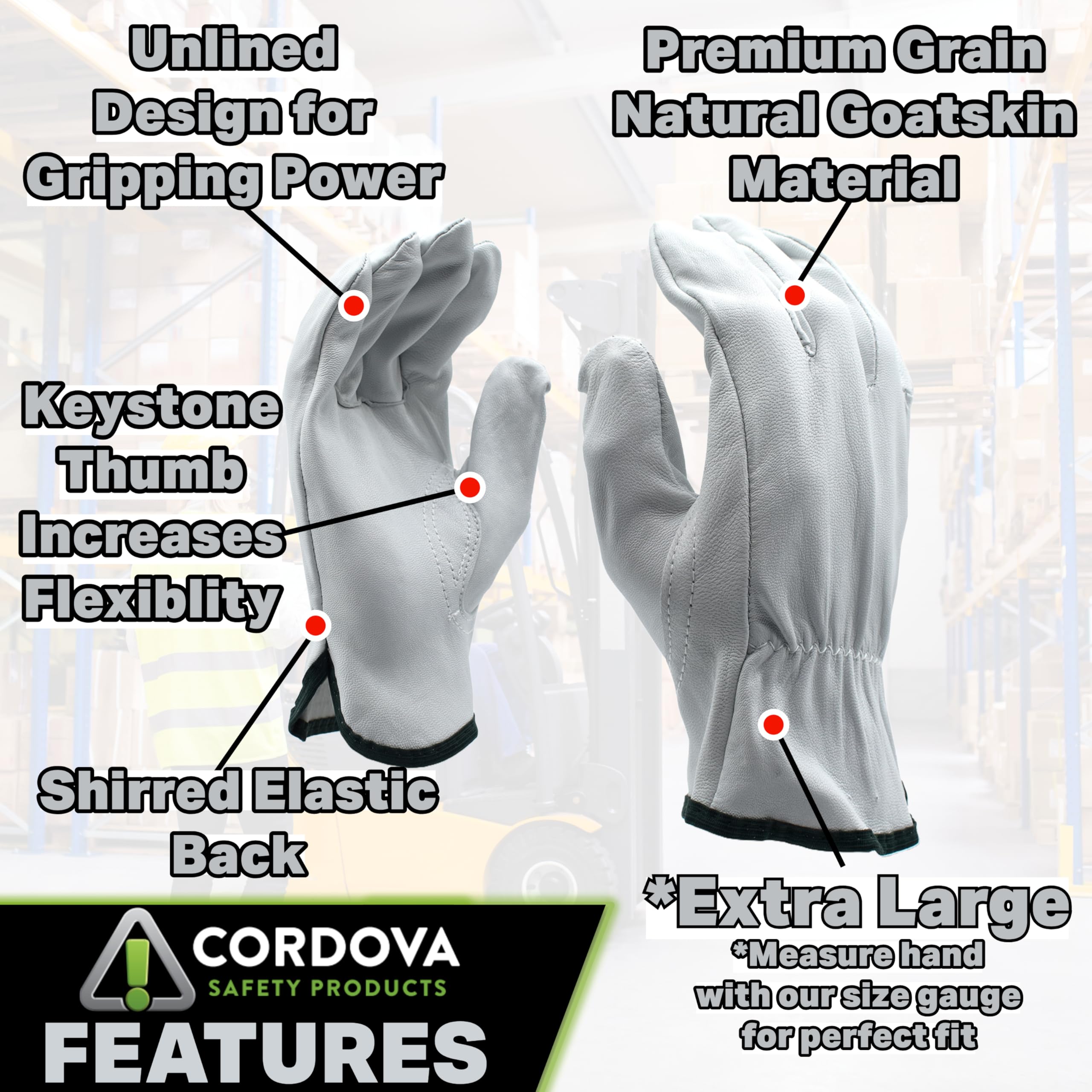 Cordova 8500XL Guantes de piel de cabra de grano premium, sin forro, parte trasera elástica fruncida, pulgar Keystone, XL, paquete de 12
