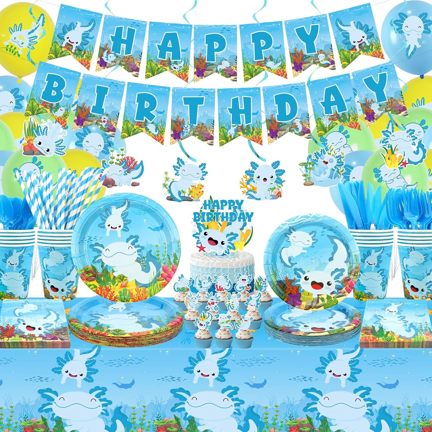 KEFAN Blue Axolotl Birthday Party Decorations, Axolotl Theme Party Tableware Supplies including HAPPY BIRTHDAY Banner, Plates, Cups, Napkins, Tablecloth, Balloons for Axolotl Birthday Party, Serves 20