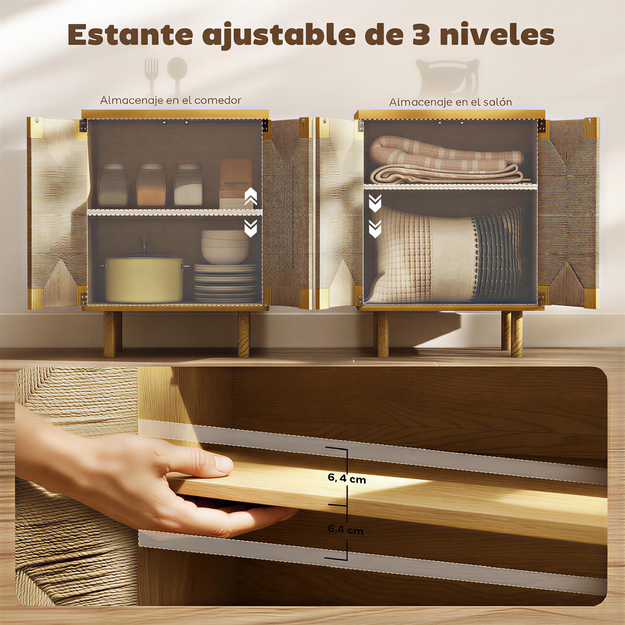 HOMCOM Aparador Bohemio de 2 Puertas con Cuerda Trenzada Roble 60x40x78 cm | Manual, Aparador de Salón, Estante Regulable, Apertura Push, Patas de Madera