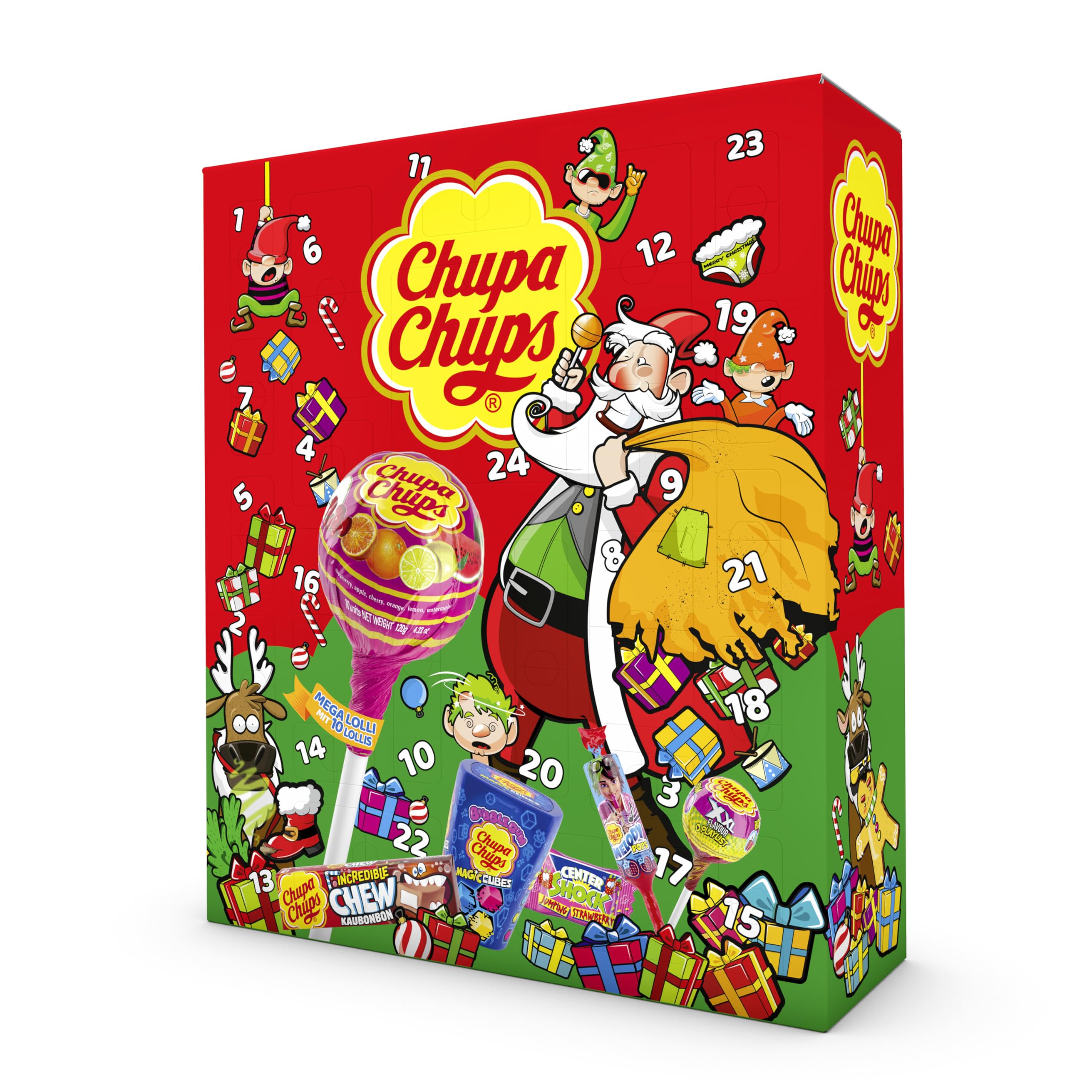 Chupa Chups XXL Adventskalender 2025, Weihnachts-Kalender mit 24 Türchen, Lutscher & Kaugummi, Süßigkeiten, geeignet für Kinder und Erwachsene, 1x614g