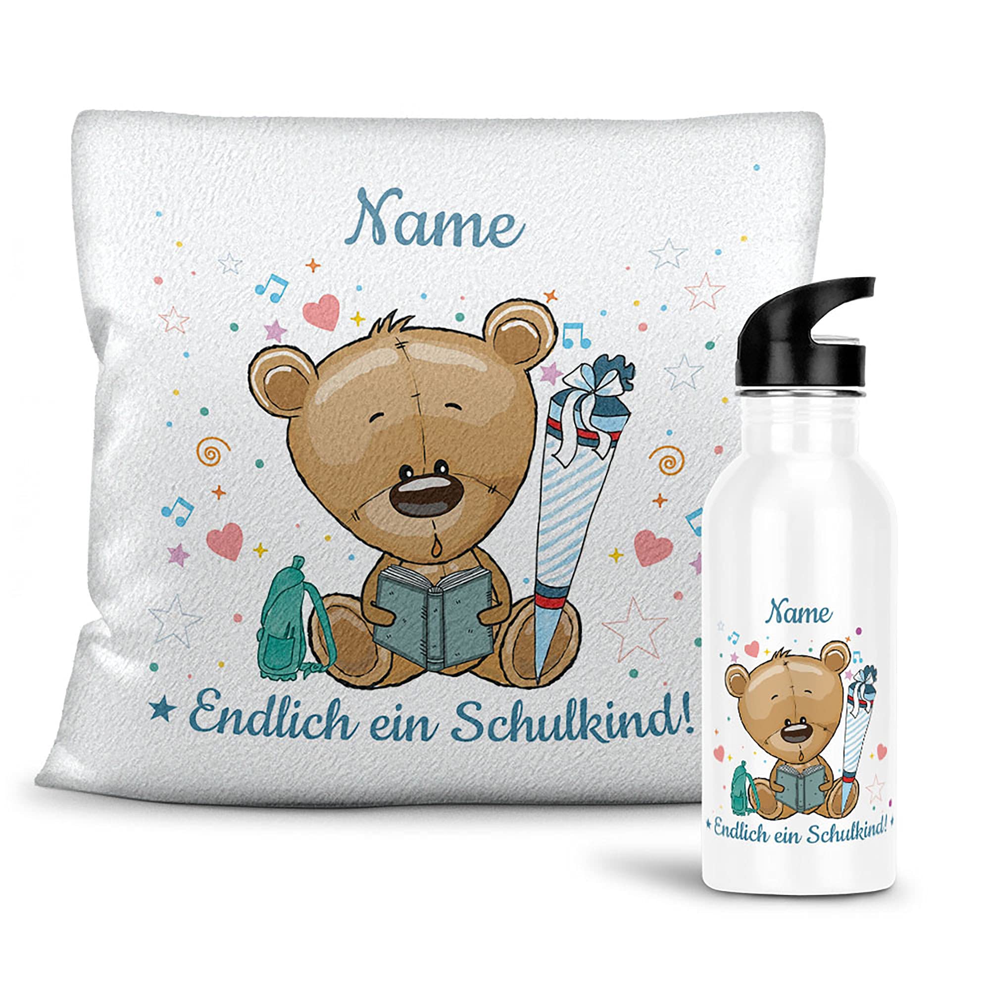 Geschenk-Set aus Trinkflasche und Kissen - Endlich ein Schulkind - Zur Einschulung für Jungs - mit Wunschname personalisieren - Einschulungsgeschenk - Kissen weiß, Flauschig - Flasche weiß, 600 ml