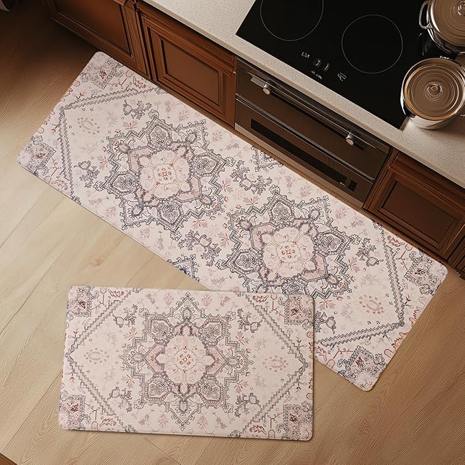 FRESHMINT Kitchen Mats for Floor 2 Piece Set, Waterproof & Non-Skid Vintage Floarl Kitchen Rugs, Cushioned Kitchen Floor Mat for Standing Washable Comfort Desk Kitchen Runners, 17x30''+17x47''
