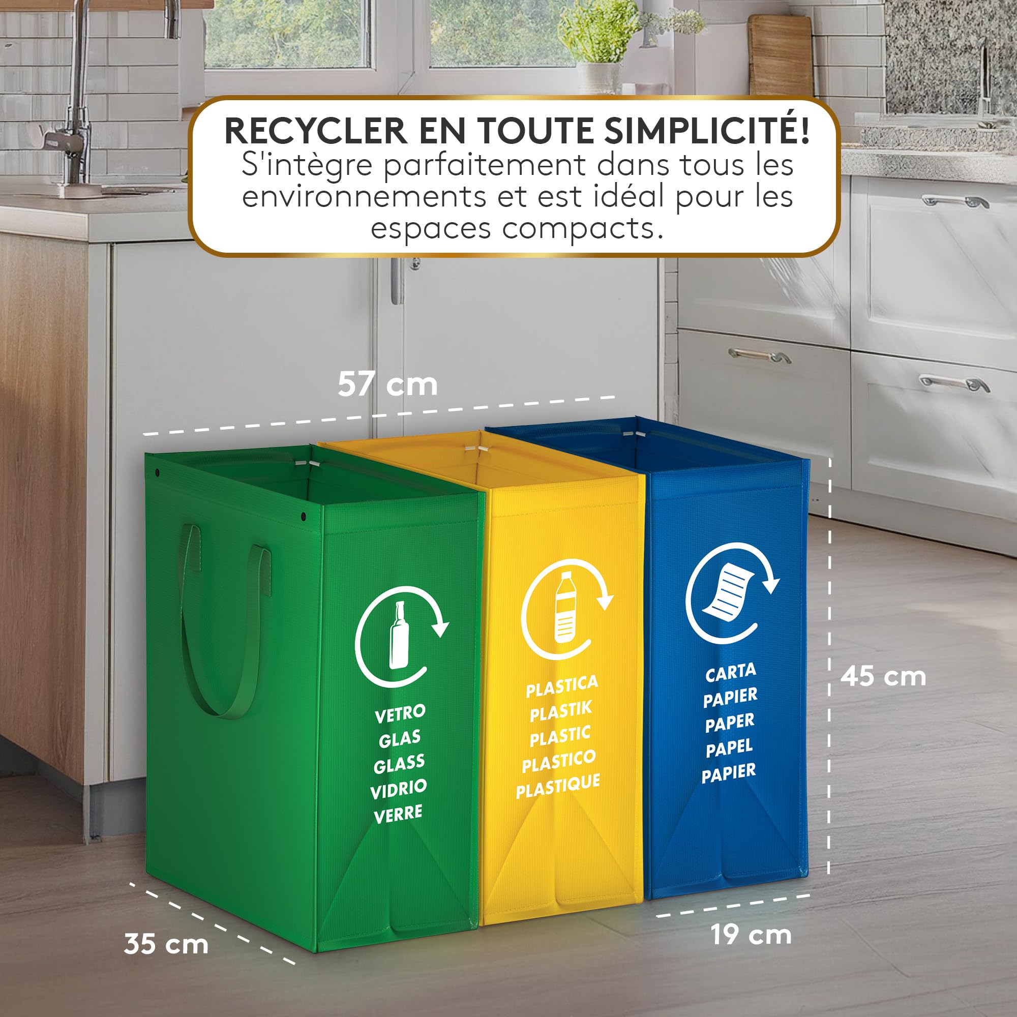Sac tri selectif - Poubelle tri selectif 3 bac pour le verre, le papier et le plastique - flexible poubelle de tri avec poignée - bac de tri pour déchets et recyclage