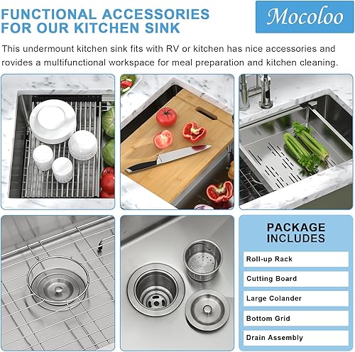 Miniatura 8 de Mocoloo - Fregadero de cocina de montaje inferior 33 x 19 pulgadas, fregadero de acero inoxidable de 16 G, estación de trabajo, fregadero de cocina,