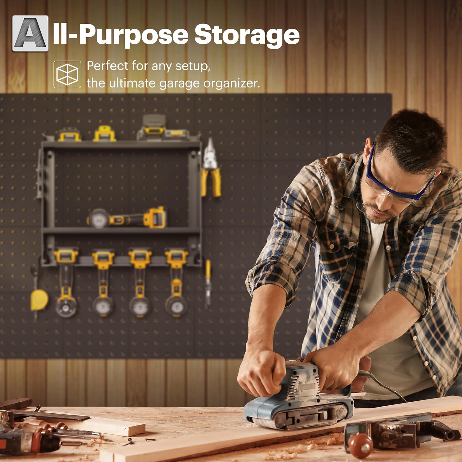 Power Tool Organizer Wall Mount, 15 Min Fast Assembly & Maximum 100lb load by Heavy Duty Metal, 4 Slots for Cordless Drill, Garage Storage Shelf with Hooks, Father/Men/Husband Birthday Gift