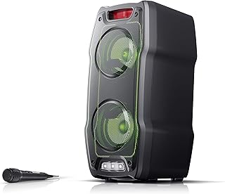 SHARP PS-929 180W High Power Portable Party Speaker Hi-Fi System with Built in Rechargeable Battery, Flashing Disco Lights & Strobe, TWS, Bluetooth, USB, Aux & Microphone – Black