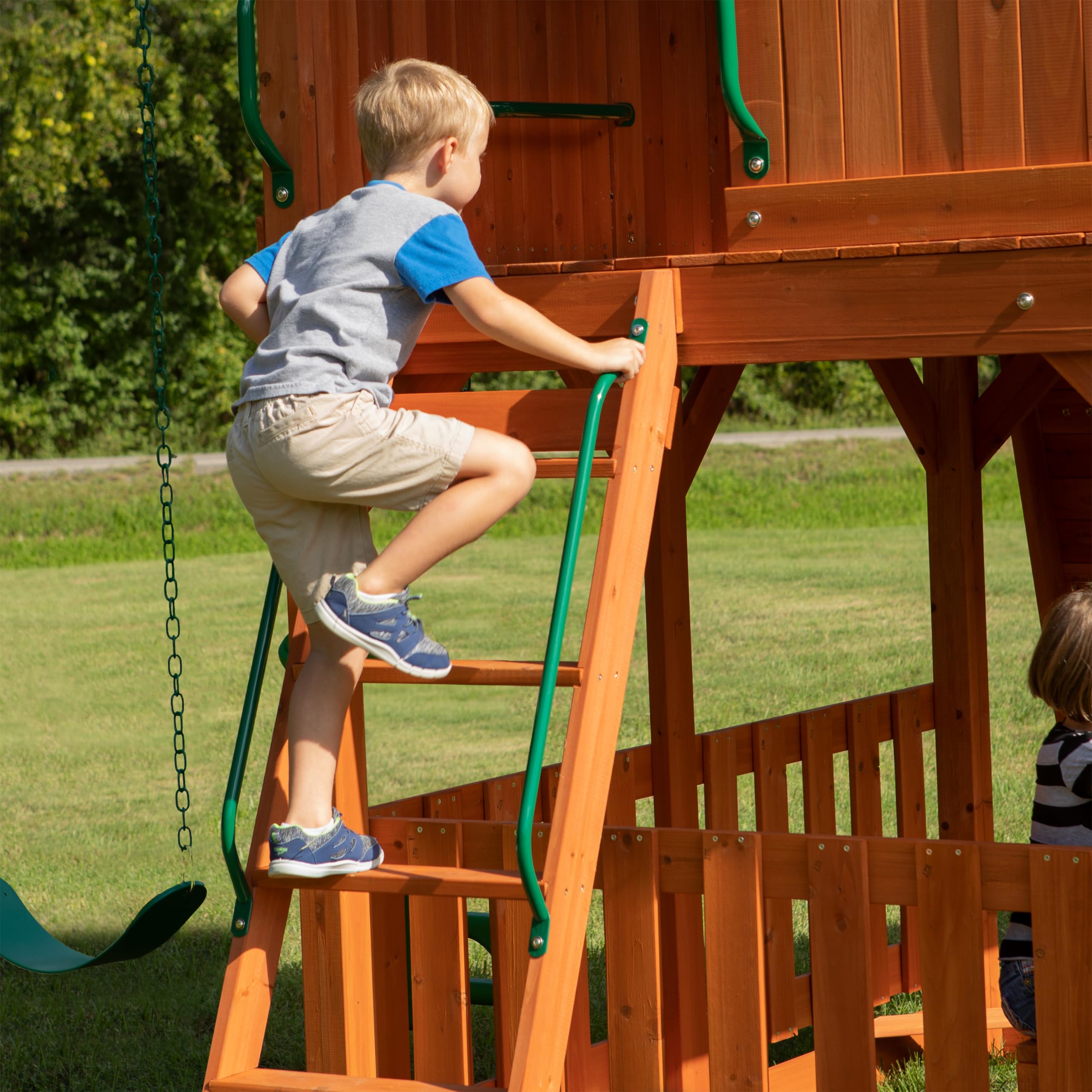 Backyard Discovery Skyfort II Parco Giochi Completo, Casetta da Giardino per Bambini | Altalene, scivolo, sabbiera, parete di arrampicata | Casetta in Legno per Bambini per uso esterno in giardino