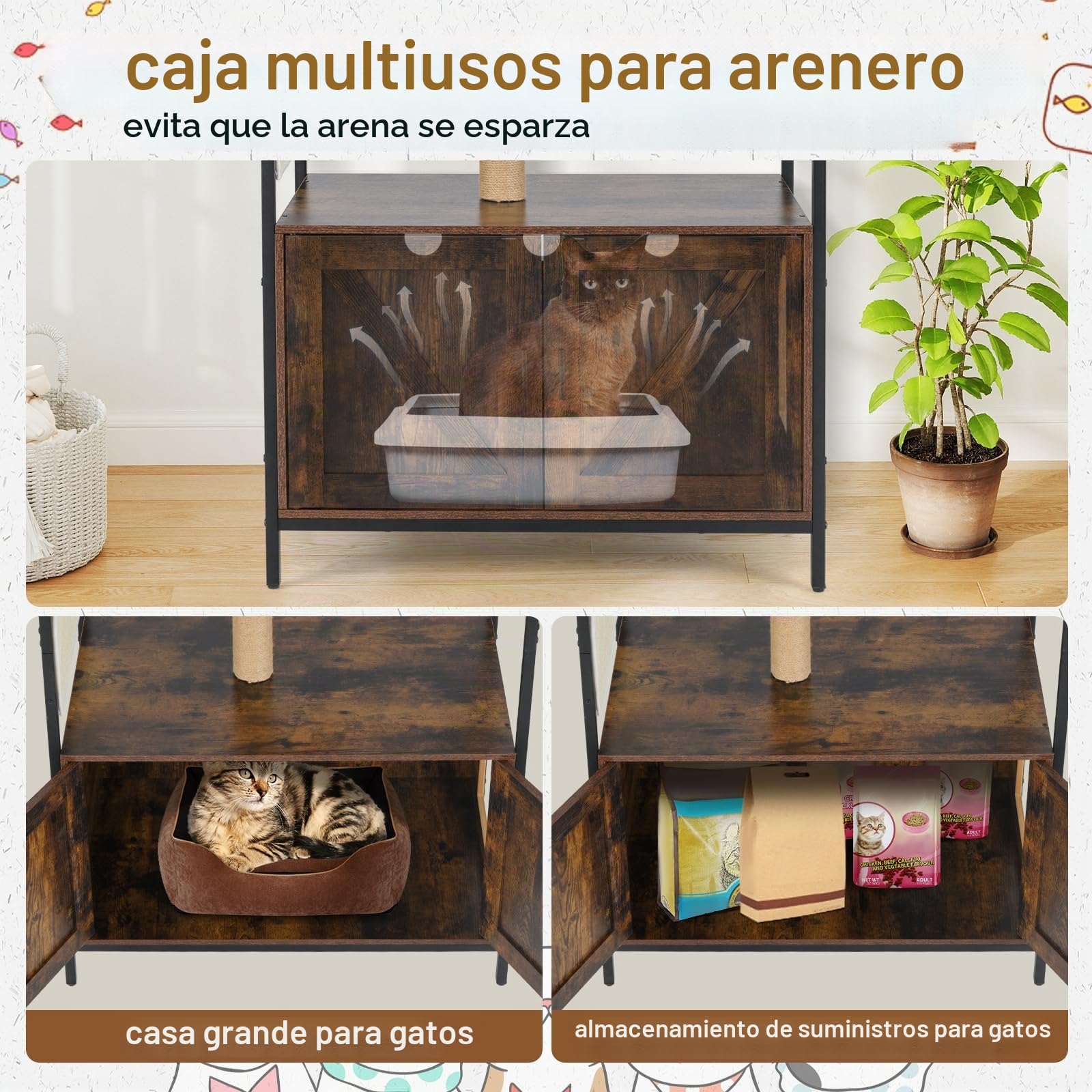 GYMAX Árbol rascador 3 en 1 de 150 cm, con caja de arena para gatos, armario y plataformas, árbol rascador para gatos con columna rascador y hamaca transparente, casa para gatos, armario para gatos