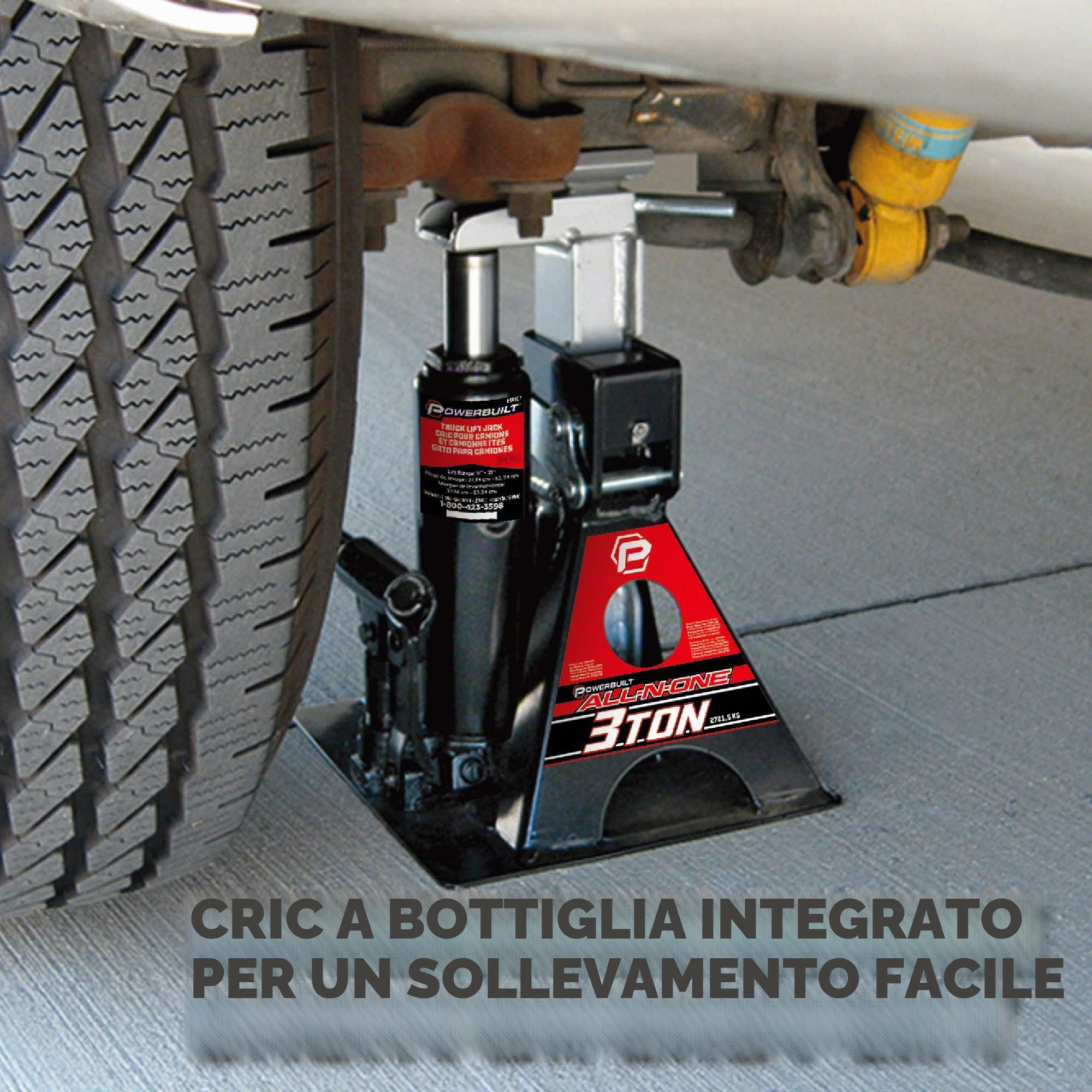 Powerbuilt Alltrade 640912 - Jack per Bottiglia da 3 tonnellate, Tutto in Uno | Compatto, base ampia, gamma 11-21 pollici, elimina jackstand, per Unibody, camion, SUV, camper, auto, rimorchi, ASME - 640912