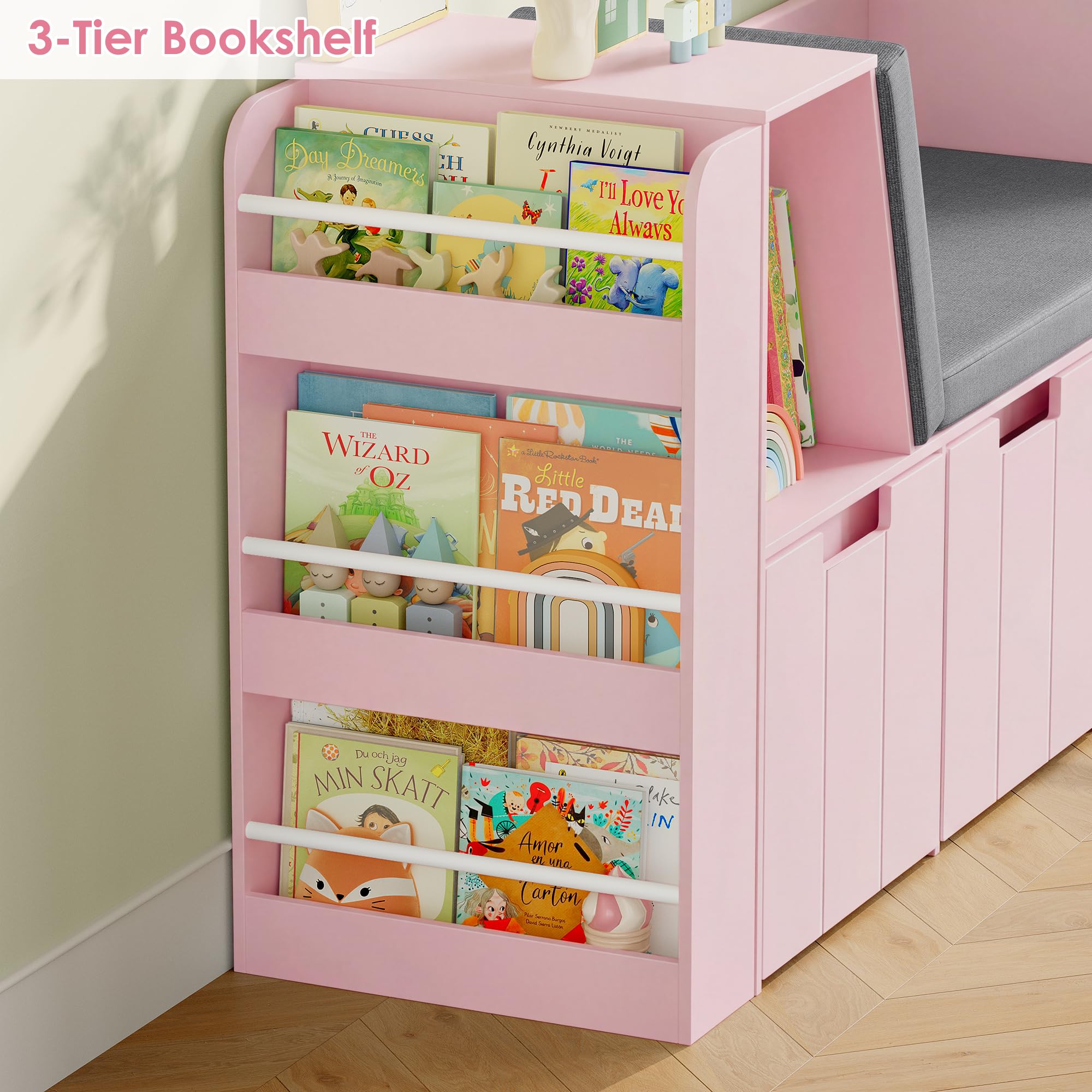 HOCSOK Bibliothèque Enfant, 156 cm Étagère pour Enfants avec Bibliothèque Banc, Meuble Rangement Jouet avec 3 Tiroirs Roulants, Rose, 80×38×156 cm