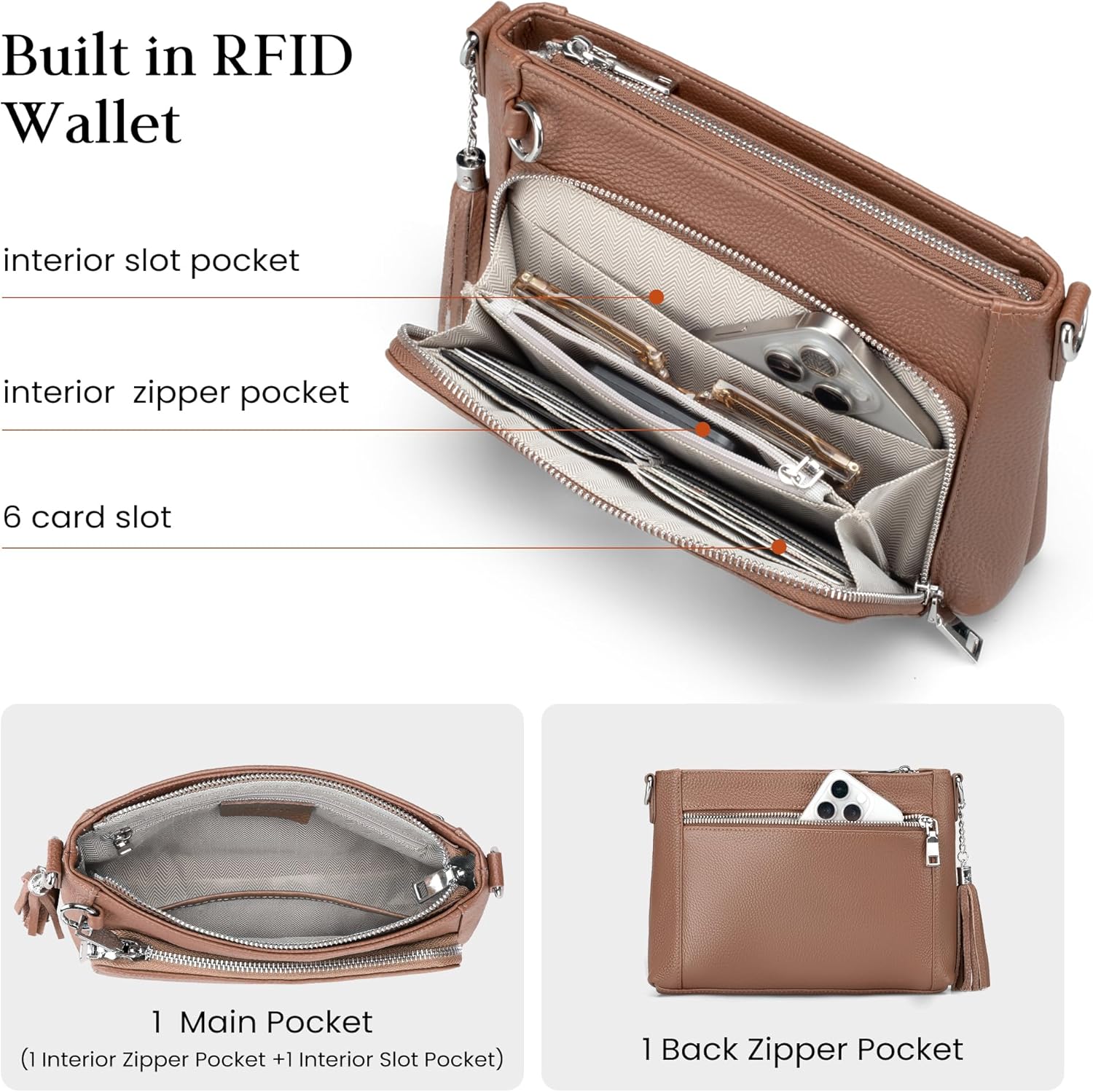 befen Anti Theft Genuine Leather Crossbody Bags for Women Handbags and Shoulder Basg with Built in Wallet RFID Leather Purse - Image 3
